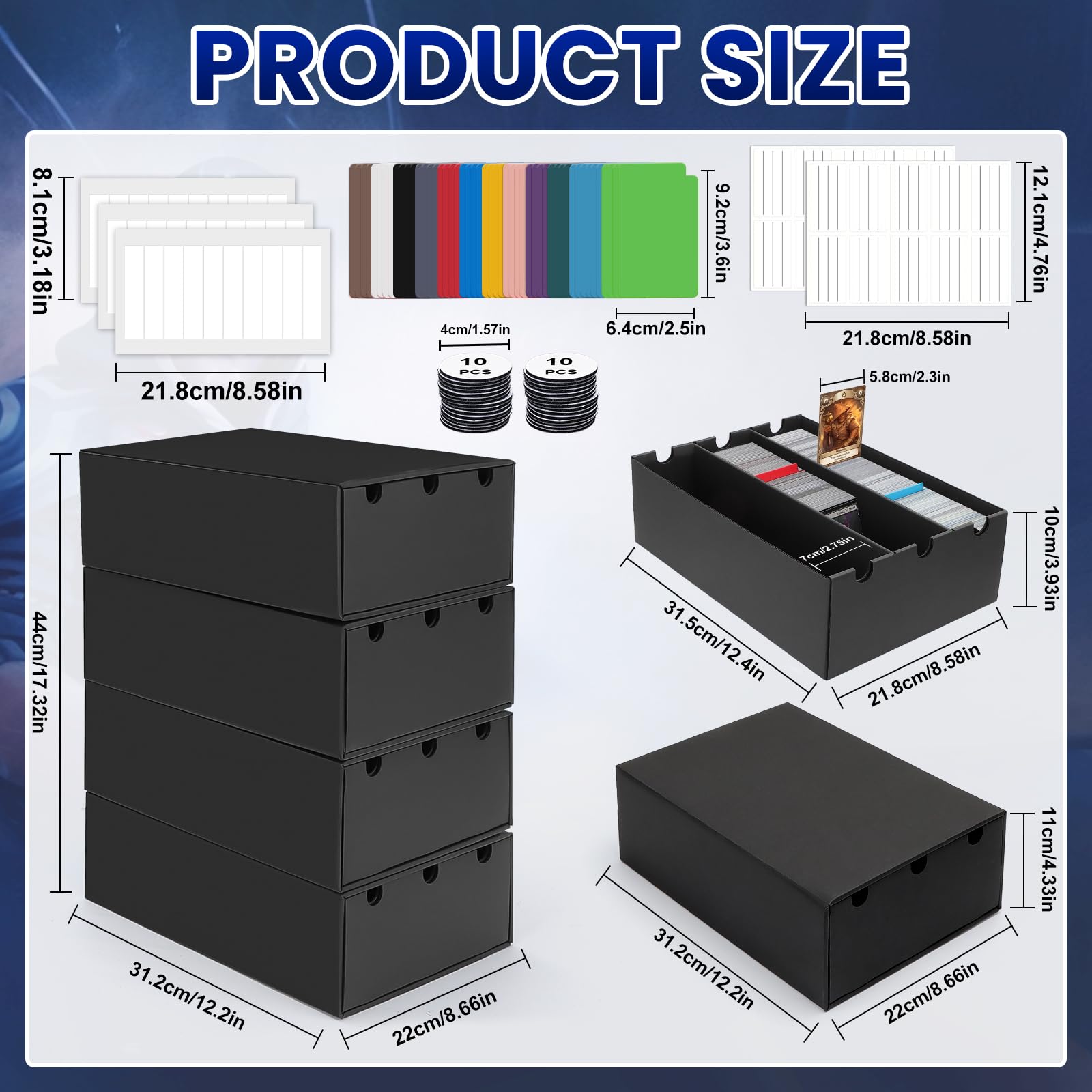 AOBOPLE Karten Box für 12000+ Trading Card,Sammelkarten-Aufbewahrungsbox mit 48 Kartenteiler,Etiketten Klebeband und Schubladen,Sammelkarten Box Trading Card Box für TCG,MTG,PTCG,Sports Karten