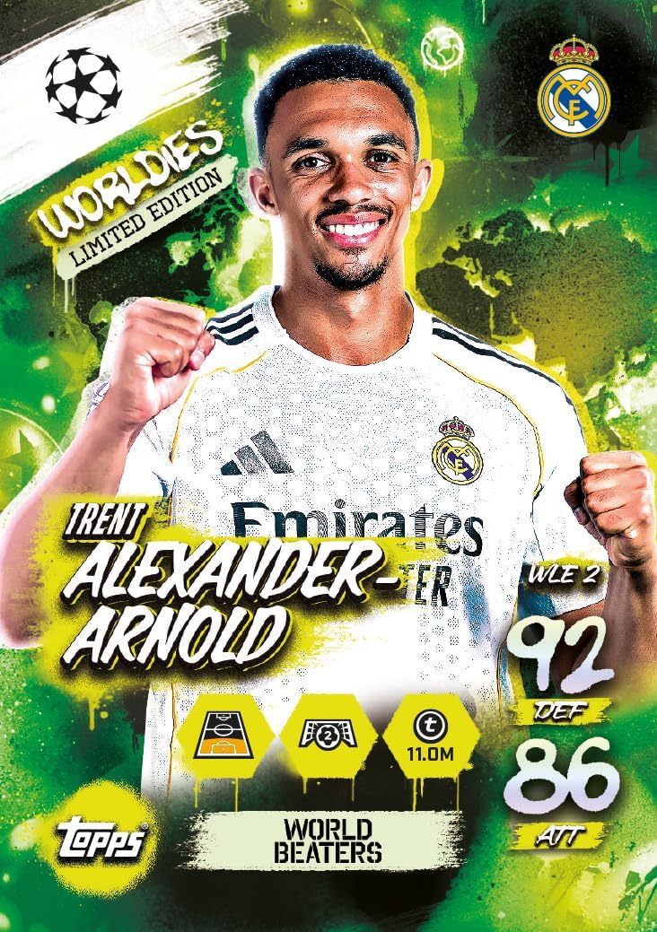 Topps UCC Match Attax 2025/26 - Mini Tin - World Beaters - enthält 28 Match Attax-Karten Plus eine zufällige Star Boy LE und 3 Exklusive „Worldies“-LE-Karten.