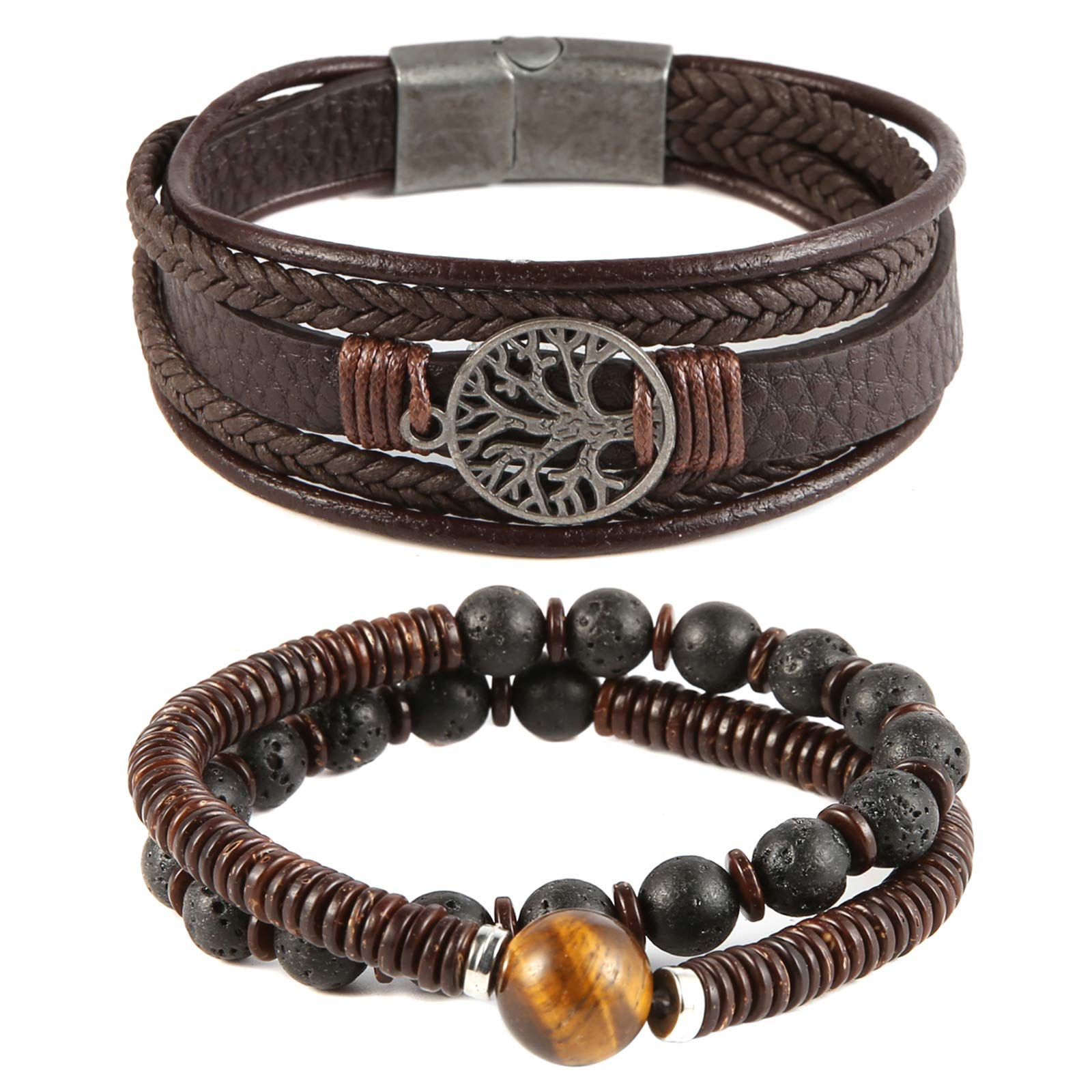 HZMAN Echtes Leder Baum des Lebens Armbänder Männer Frauen, Tigerauge Naturstein Lava Rock Perlen Ethnische Tribal elastische Armbänder Armbänder (2Pcs)