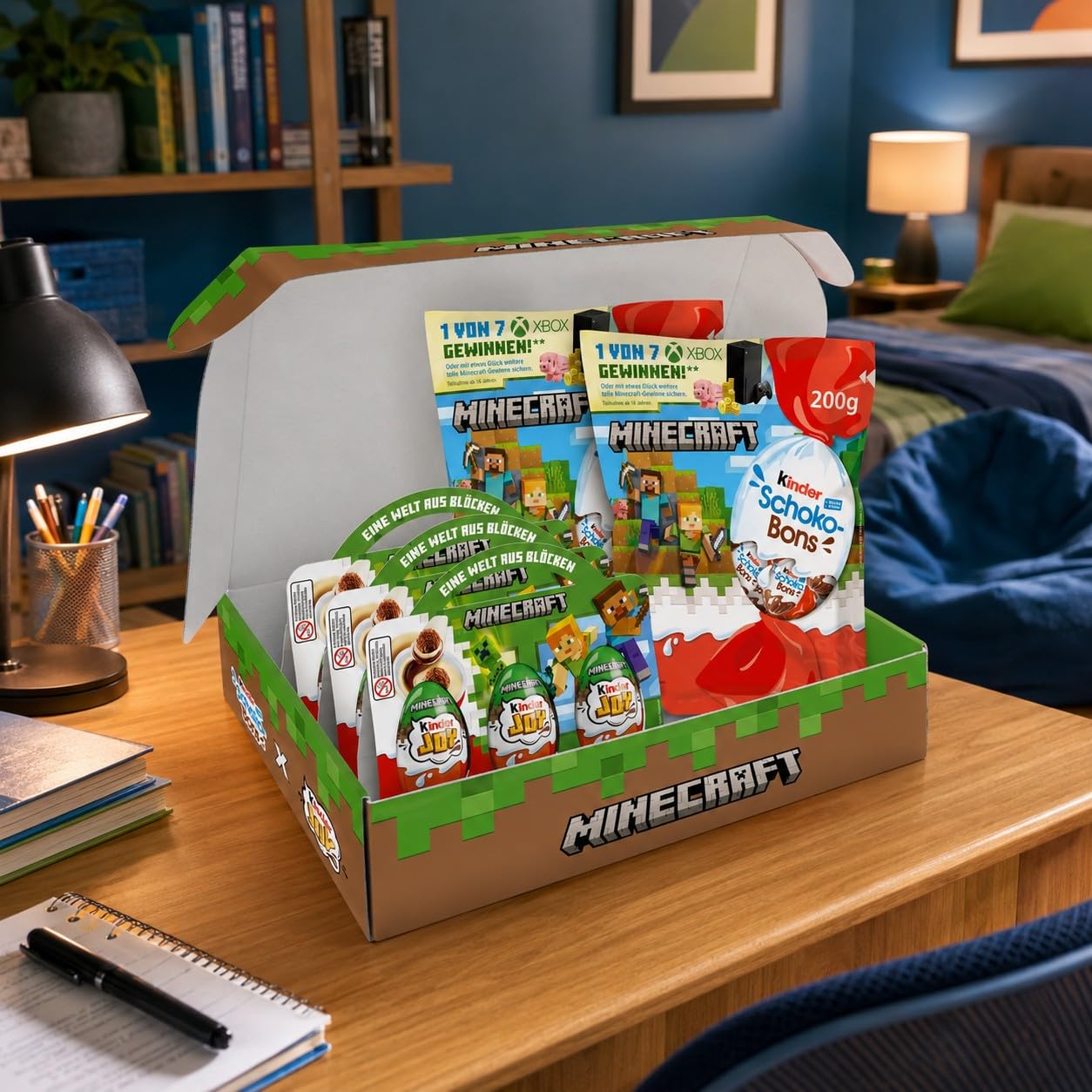 Kinder Minecraft Box – Geschenkbox mit 9 Kinder Joy Eiern, 2 x Kinder Schoko-Bons 200 g und gratis Figuren-Pappaufsteller