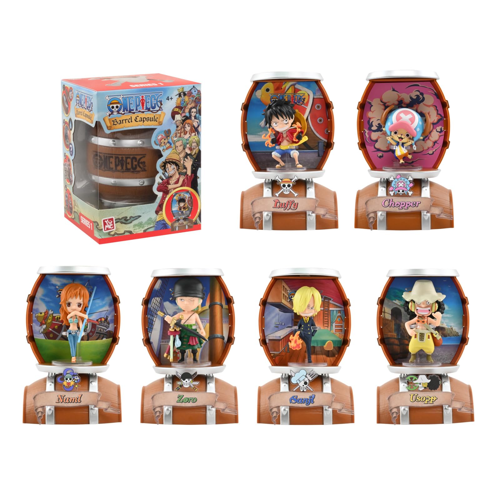 Yume 15329 - One Piece Barrel Capsule, 1 von 6 Mini Figuren mit Fass, Sammelfigur mit Display-Stand, Anime Merch für Fans der Serie