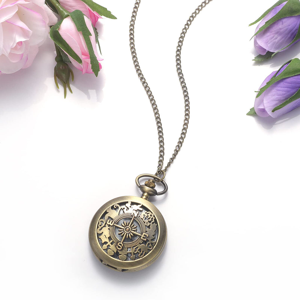 JewelryWe Taschenuhr Herren Damen Vintage: Retro Analog Quarz Kettenuhr Uhr Umhängeuhr mit Halskette Kette Pocket Watch Bronze Unisex Geschenk