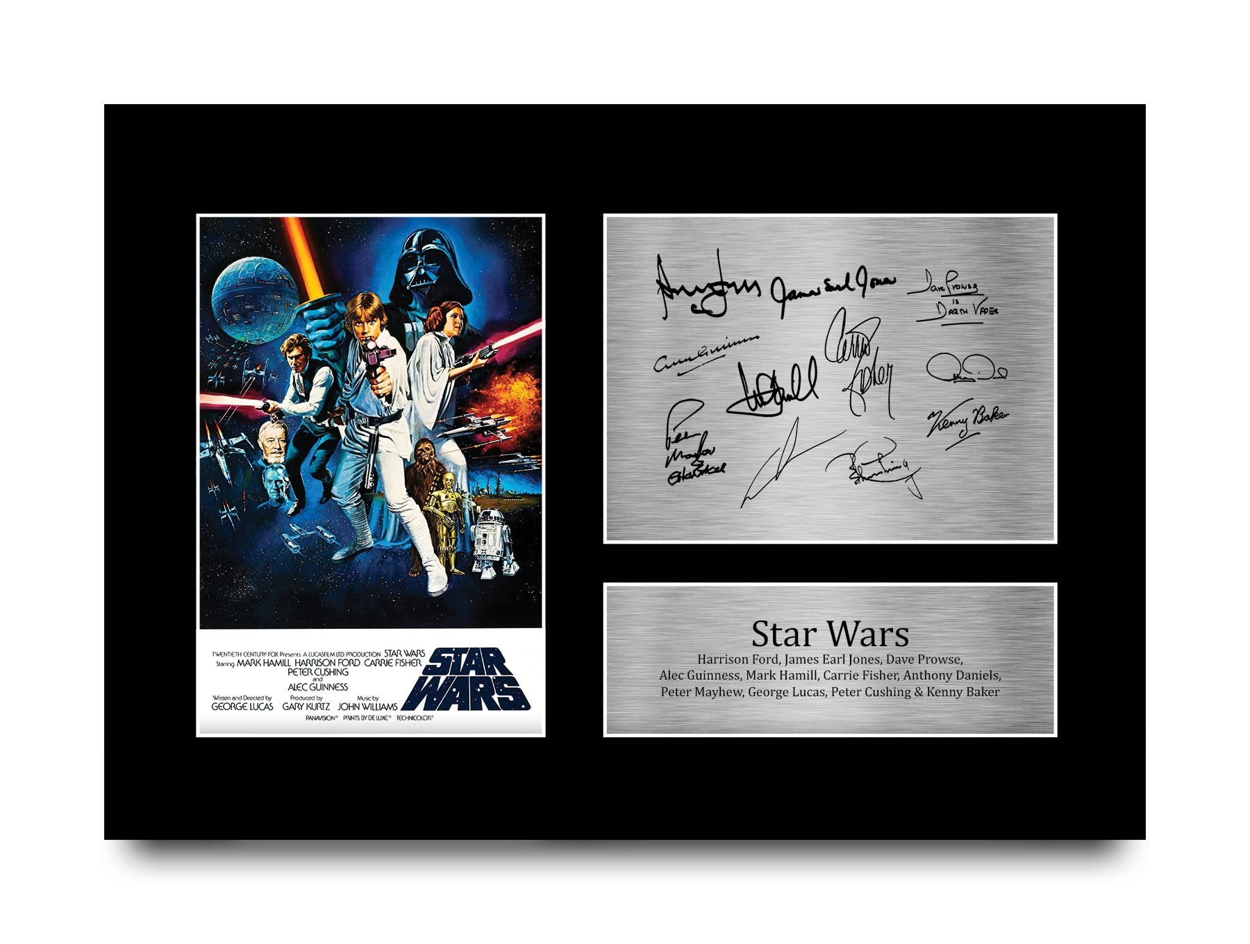 HWC Trading FR A4 Star Wars New Hope Cast Mark Hamill, Carrie Fisher, Harrison Ford Geschenke Geducktes Signiertes Autogramm Foto für Fans von Film Memorabilien - A4 Gerahmt