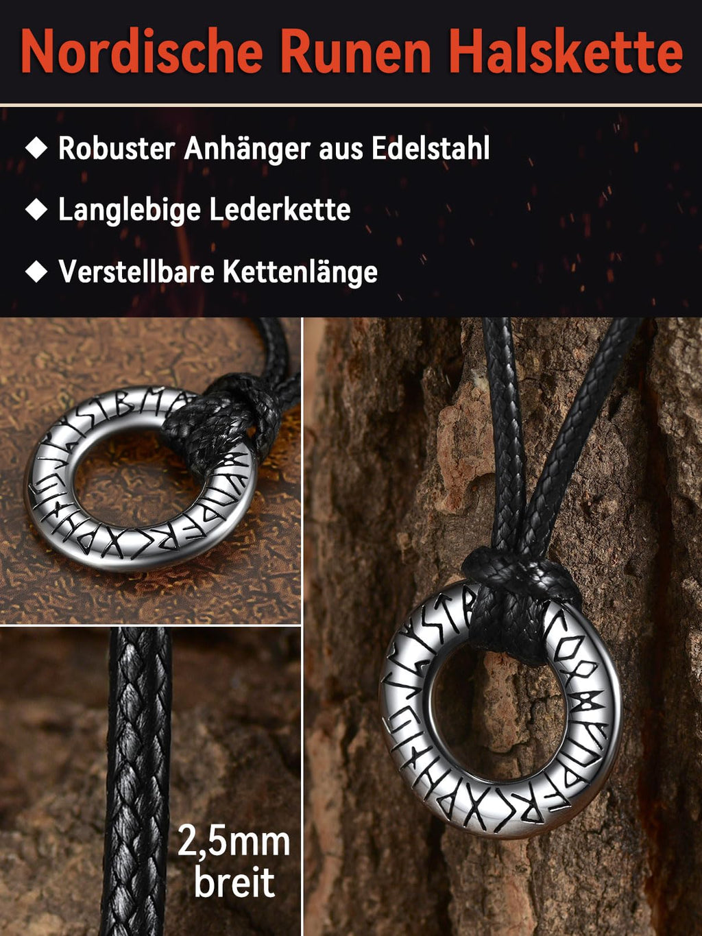 FaithHeart Lederkette Herren Damen Leder Halskette Männer Kette mit Runen Anhänger Edelstahl Lederband mit Mobius Rund/Dreieck/Unendlichkeit Kunstleder Lederhalsband verstellbar Wikinger Schmuck