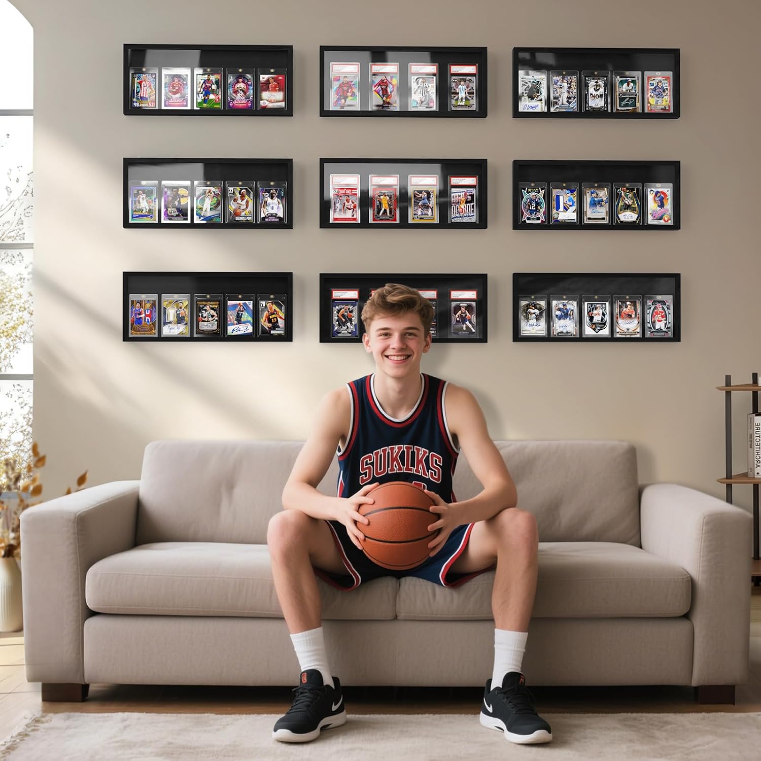 Sammelkarten Display Rahmen Wandmontage, 1er Pack Holz Sportkarten-Vitrine mit Transparent HD, Kartenrahmen Display für Sportkarten & Sammelkarten (Schwarz)