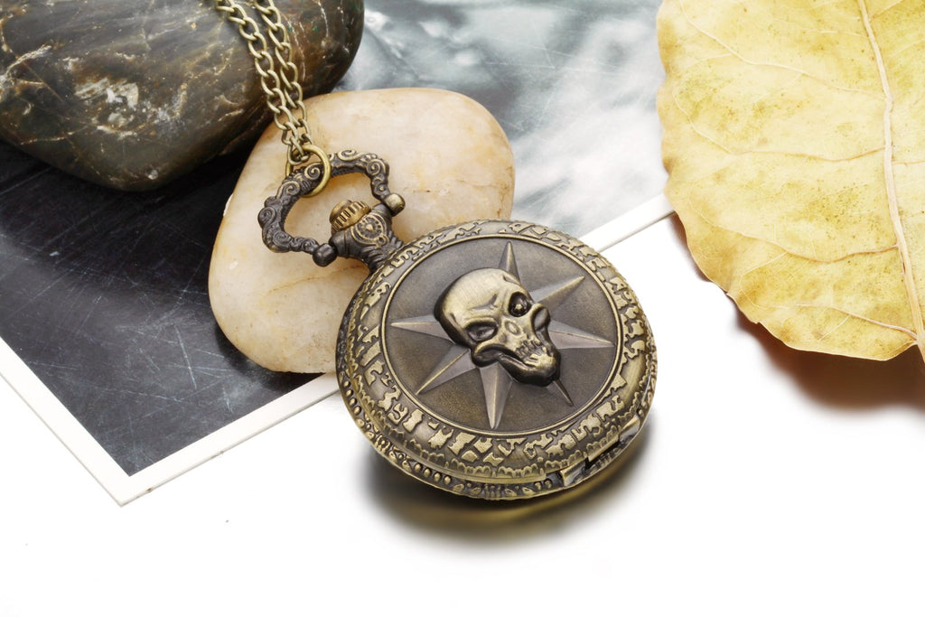 JewelryWe Taschenuhr Herren Damen Vintage: Retro Analog Quarz Kettenuhr Uhr Umhängeuhr mit Halskette Kette Pocket Watch Bronze Unisex Geschenk