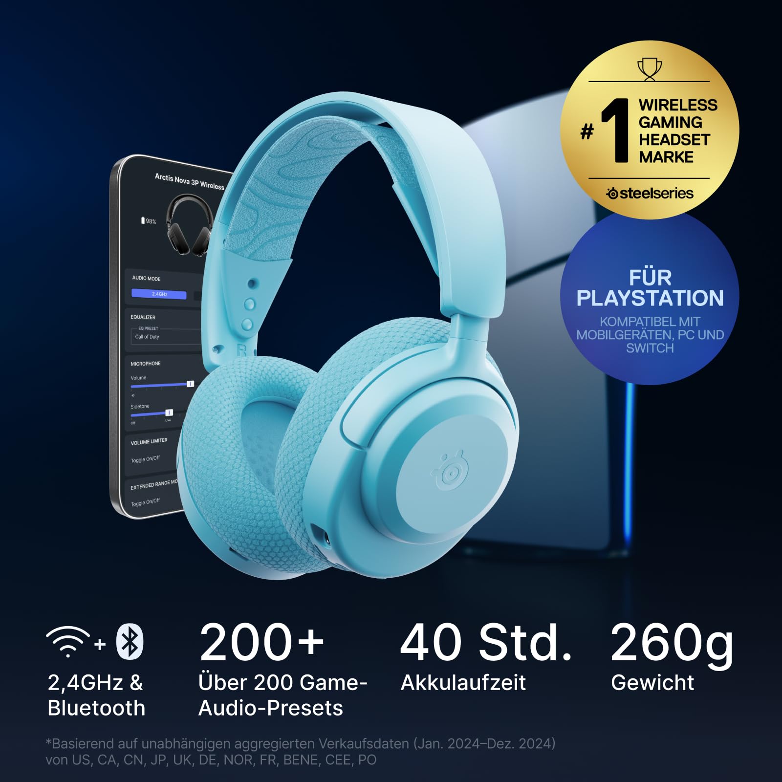 SteelSeries Arctis Nova 3P Wireless - PS5 Headset & PC Gaming Headset – App-Steuerung – 40 Std. Akku – Neodym-Magnet-Treiber – 2,4 GHz/Bluetooth – Abnehmbares Mikrofon – Für PS5, PC, Switch - Schwarz