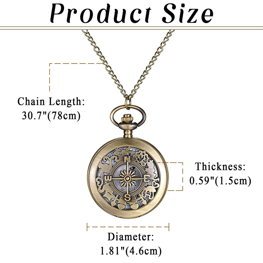 JewelryWe Taschenuhr Herren Damen Vintage: Retro Analog Quarz Kettenuhr Uhr Umhängeuhr mit Halskette Kette Pocket Watch Bronze Unisex Geschenk