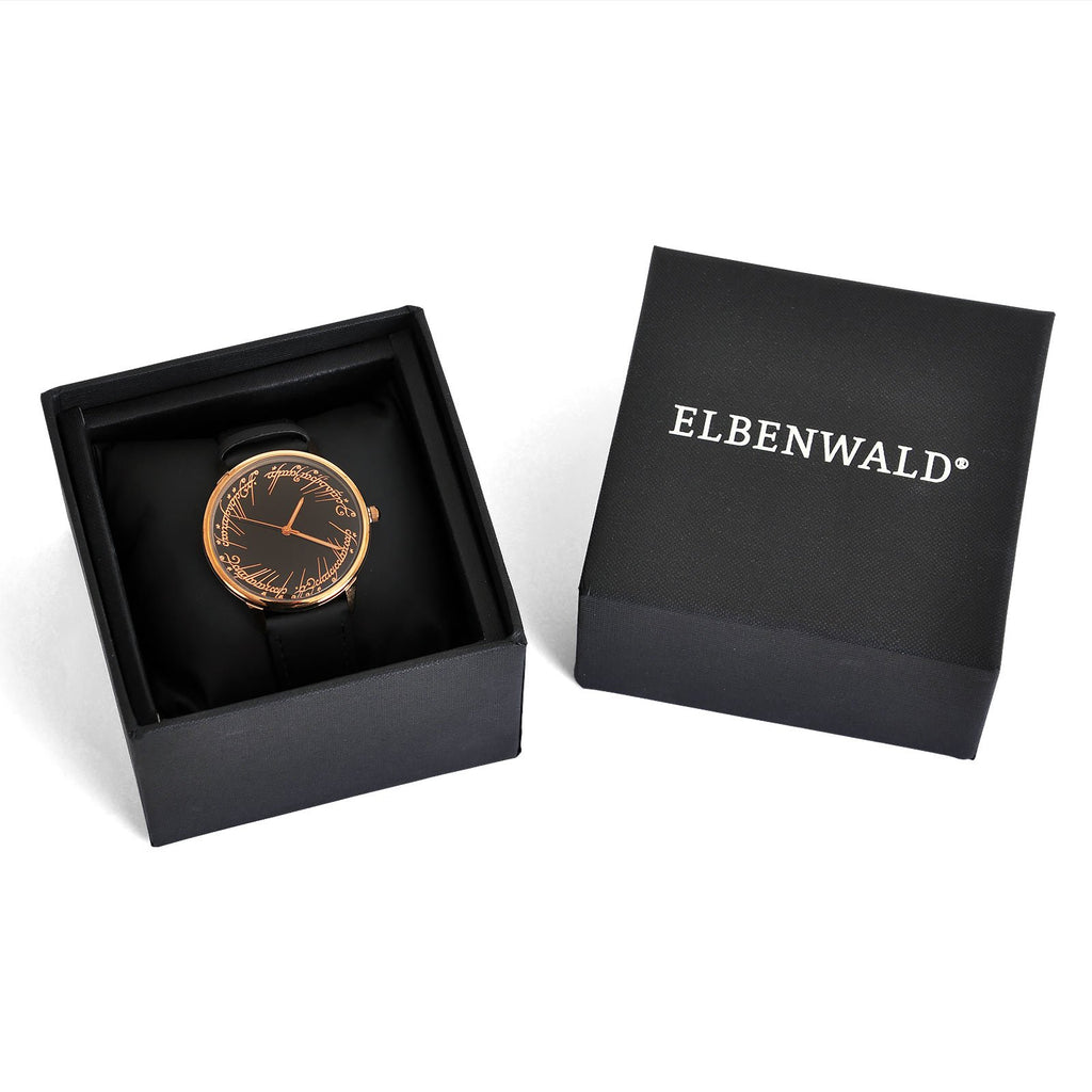 Elbenwald Herr der Ringe Armbanduhr mit elbischer Inschrift des einen Rings mit Echtlederarmband für Herren schwarz Gold