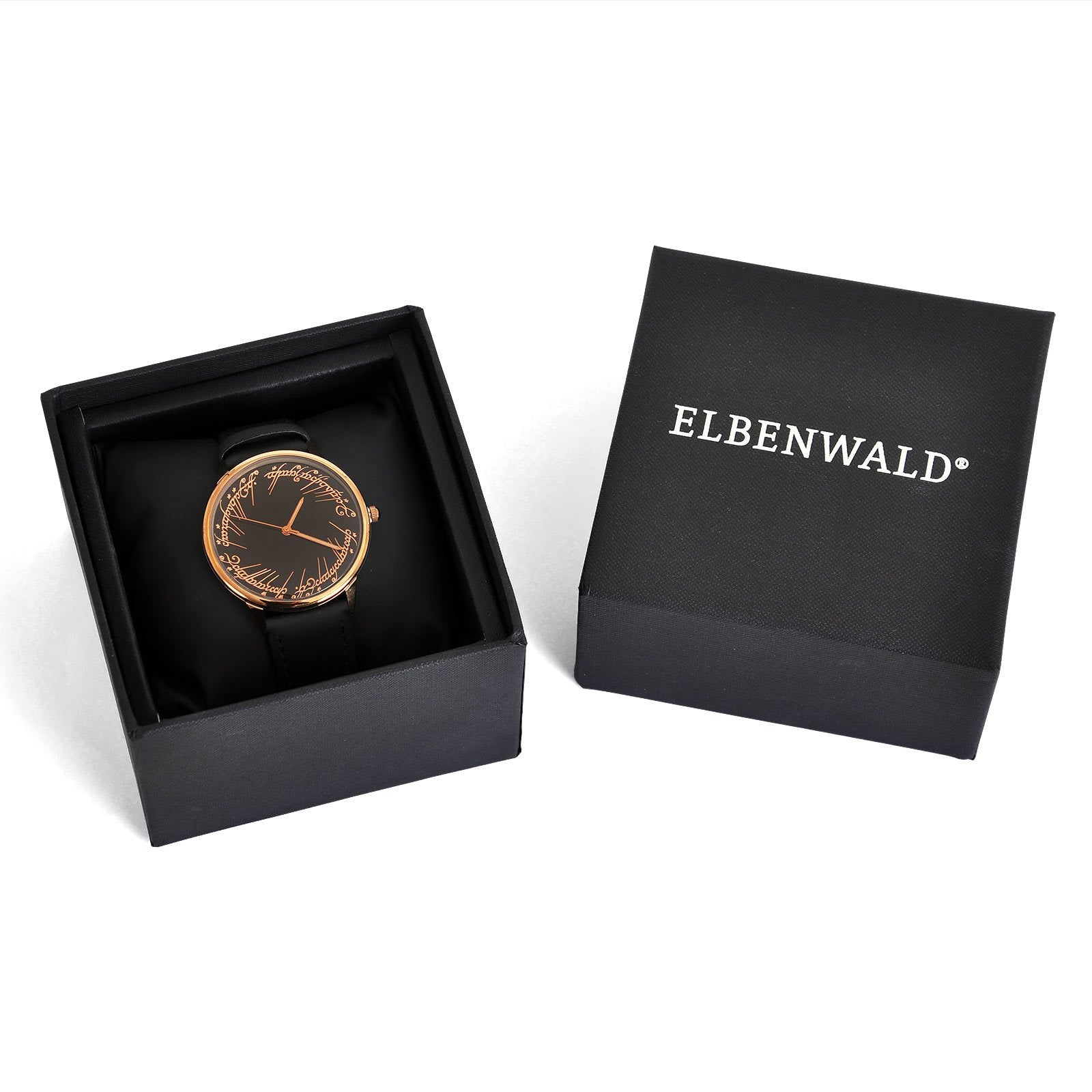 Elbenwald Herr der Ringe Armbanduhr mit elbischer Inschrift des einen Rings mit Echtlederarmband für Herren schwarz Gold