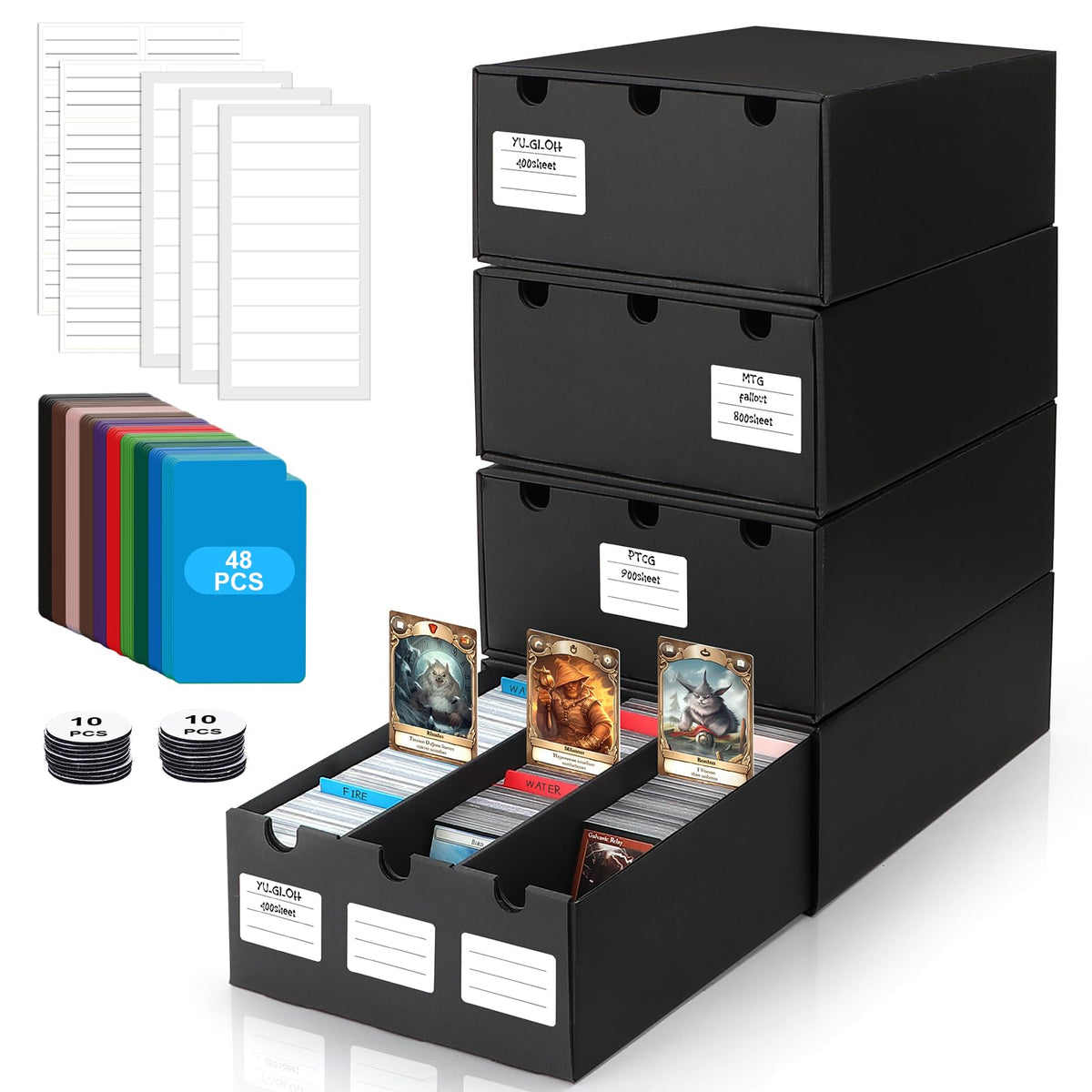 AOBOPLE Karten Box für 12000+ Trading Card,Sammelkarten-Aufbewahrungsbox mit 48 Kartenteiler,Etiketten Klebeband und Schubladen,Sammelkarten Box Trading Card Box für TCG,MTG,PTCG,Sports Karten