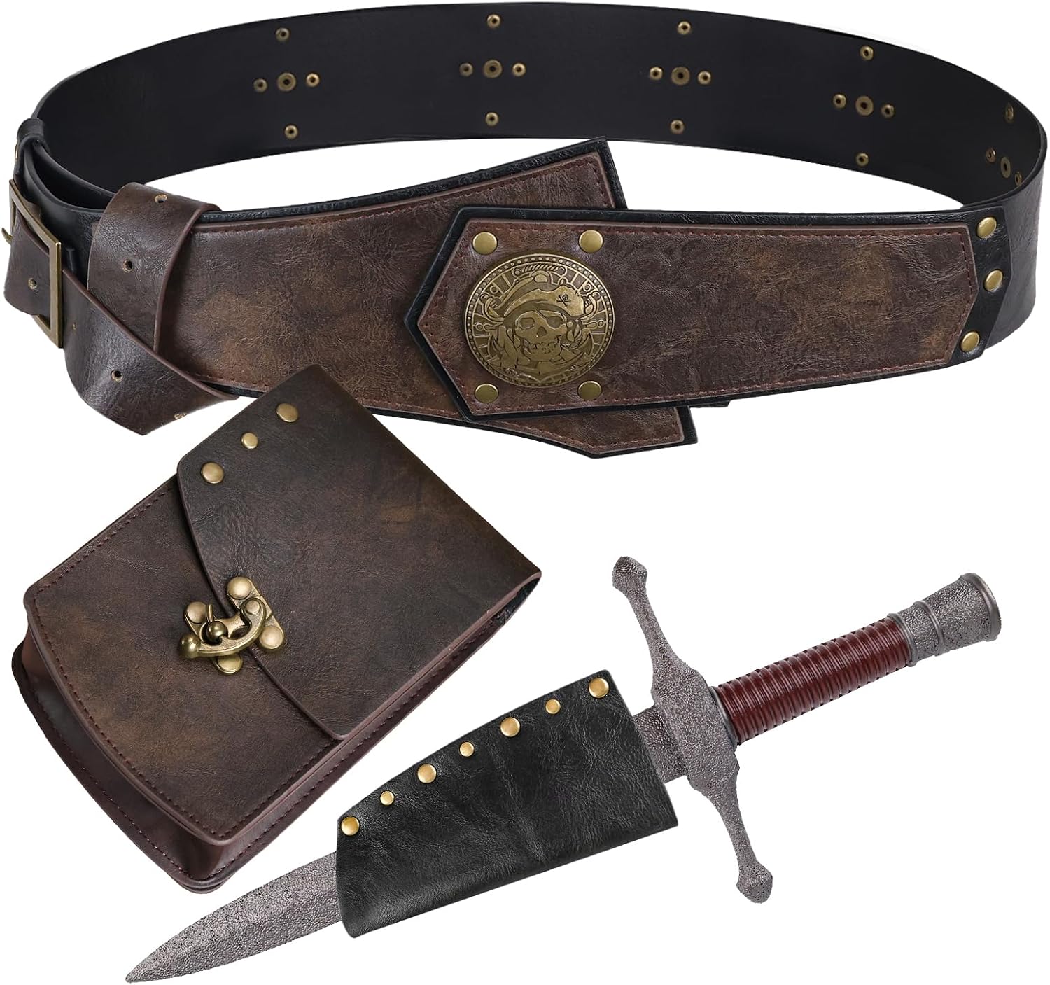 HiiFeuer 4Pcs Piratenkostüm für Herren mit Renaissance-Gürtel, mittelalterlicher Tasche, Attrappen-Dolch und Schwertscheide für Mittelalterfest und LARP