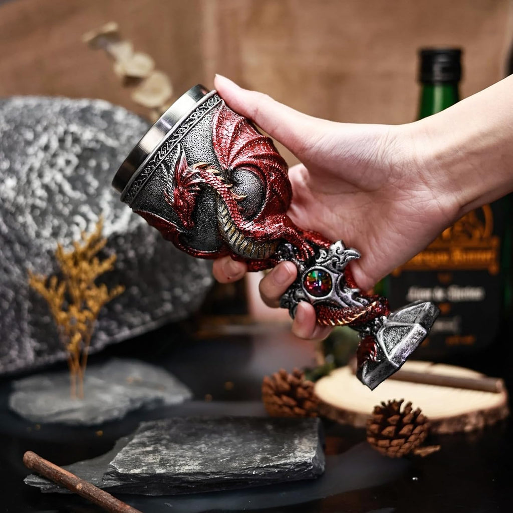 ZONSUSE Mittelalter Drache Kelch, Gotischer Drachen Kelch, Flugsaurier Edelstahl Weinkelch, Roter Drache auf Kreuzsockel, Magischer Dragon Goblet,Idee Geschenk für Fantasy Fans 200ml (Rot Goblet)