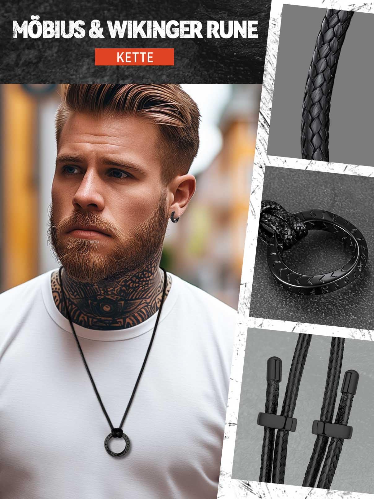 FaithHeart Lederkette Herren Damen Leder Halskette Männer Kette mit Runen Anhänger Edelstahl Lederband mit Mobius Rund/Dreieck/Unendlichkeit Kunstleder Lederhalsband verstellbar Wikinger Schmuck