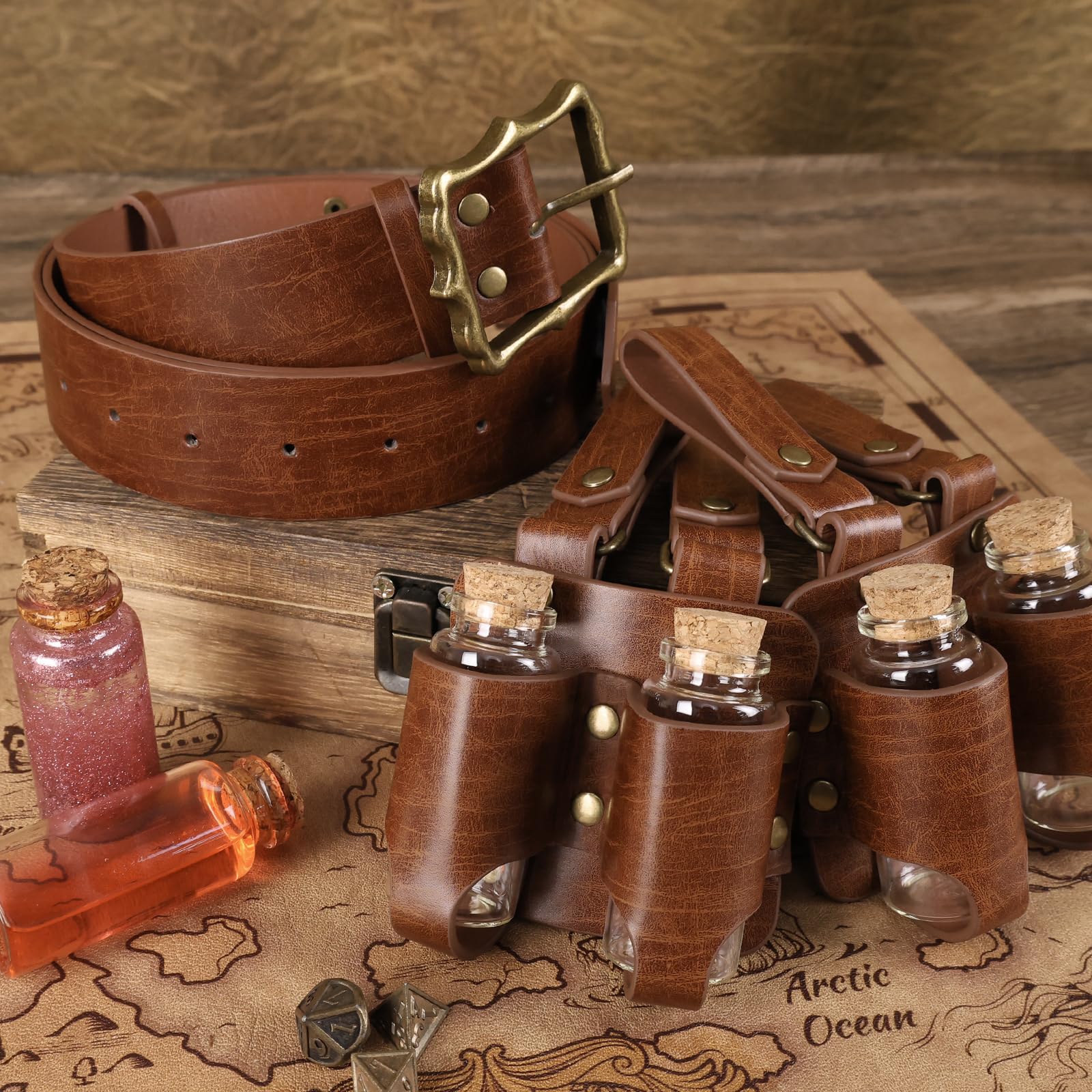 HiiFeuer 3-teiliges Set Mittelalterliche Alchemie Gürtel-Elixierflaschen,Fantasie Verstellbare Glasfläschchen, Hexen & Zauberer Kostüm für Ren Faire
