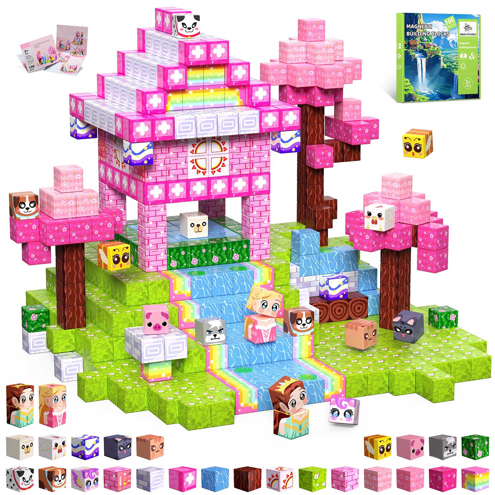 Magnetische Bausteine Bauspielzeug 100 Pcs Magnetbausteine für Kinder Montessori Kreative Spielzeug ab 3 4 5 6 7 8 9 10 Jahre Junge und Mädchen Magnetic Blocks Geschenke für Kinder （Wald）