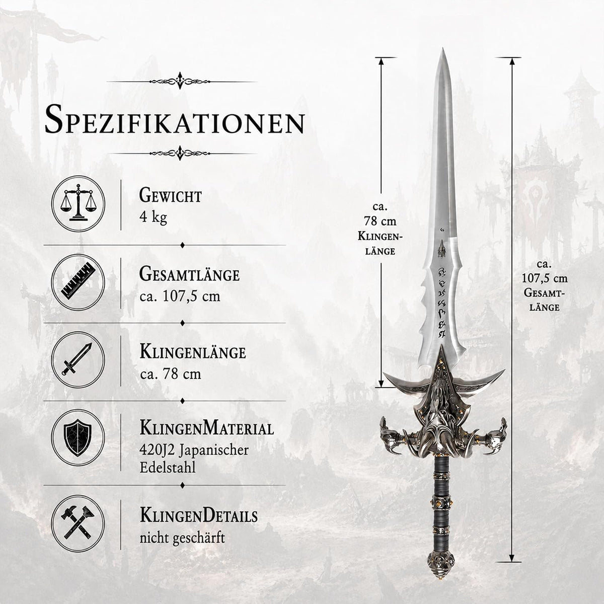 Swords and more Frostmourne Schwert Replik, Lich King Frostmourne Schwert Replikat 106 cm, World of Warcraft, Gaming Deko, Schwert aus Metall für Wow Cosplay, Deko Schwert & Gamer Geschenk