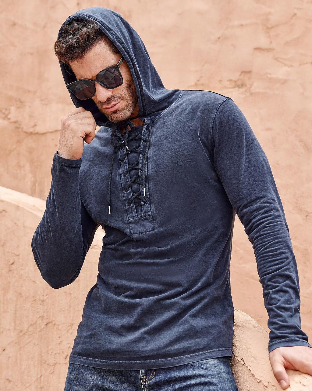 Beotyshow Herren Vintage Hoodie Langarm Shirt Männer Lace Up Hooded Langarmhemd Distressed Casual Outdoor Taktisch Pullover Hemd mit Kapuze