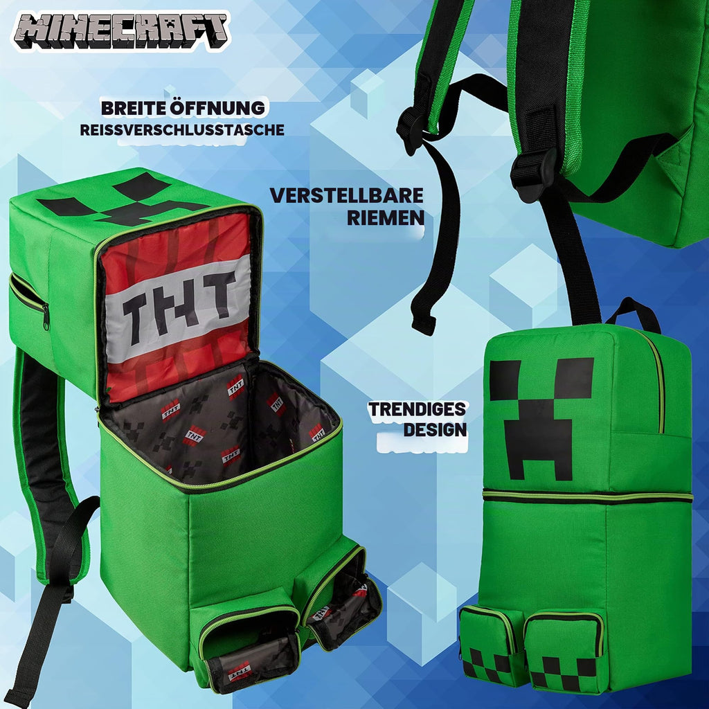 Minecraft Rucksack Kinder Jungen Kinderrucksack Creeper Freizeitrucksack mit Reißverschluss-Fächern für Schulrucksack Schule Sport Alltag