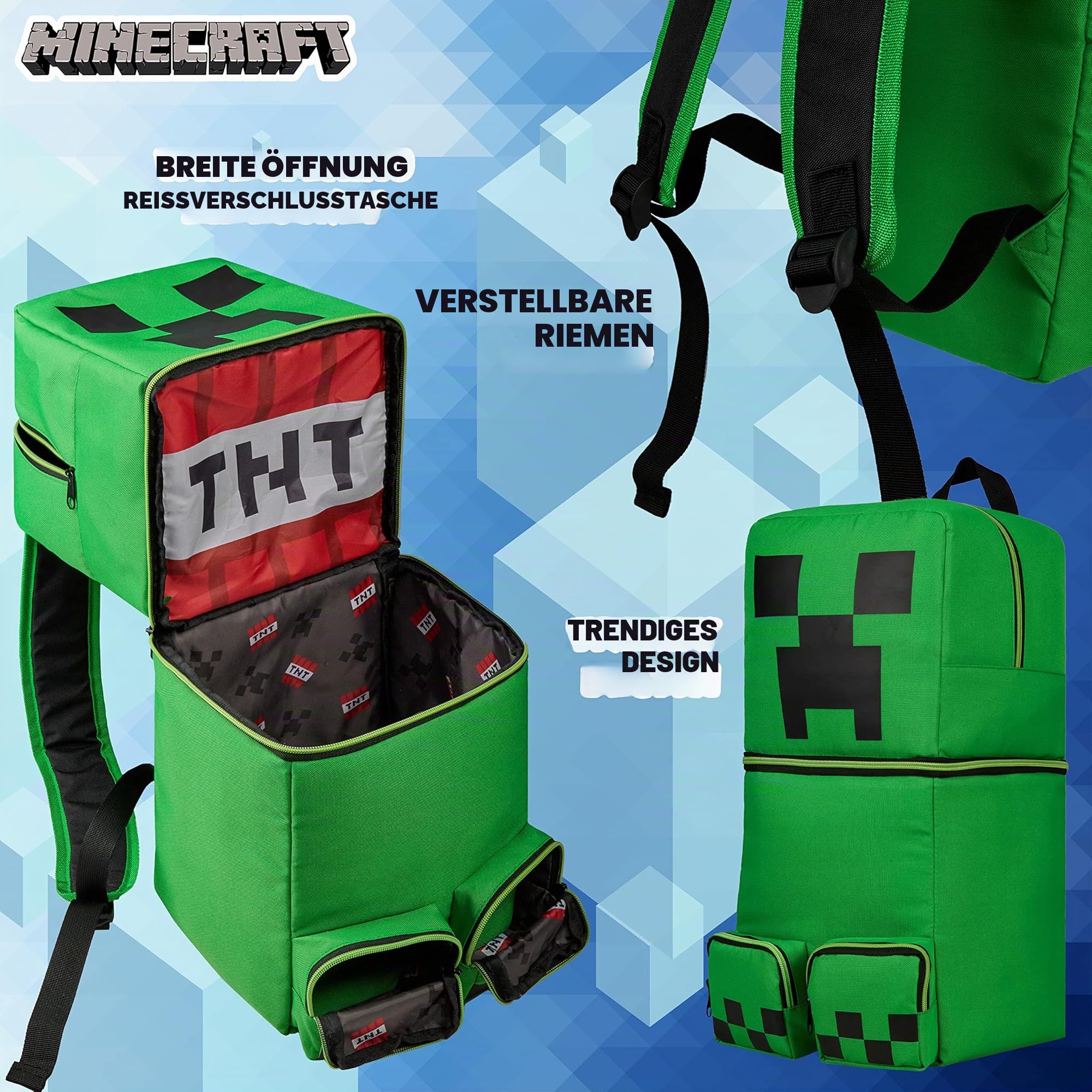 Minecraft Rucksack Kinder Jungen Kinderrucksack Creeper Freizeitrucksack mit Reißverschluss-Fächern für Schulrucksack Schule Sport Alltag