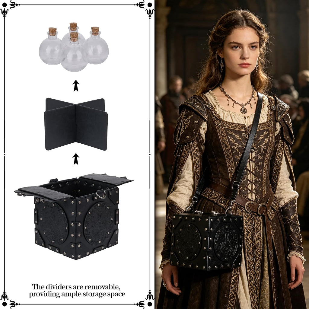 HiiFeuer Mittelalterliche Alchemisten-Umhängetasche, geprägte Leder-Zaubertrankbox mit Nieten und Flaschen, Aufbewahrungsbox für Zauberer für Mittelalterfeste（Schwarz A）