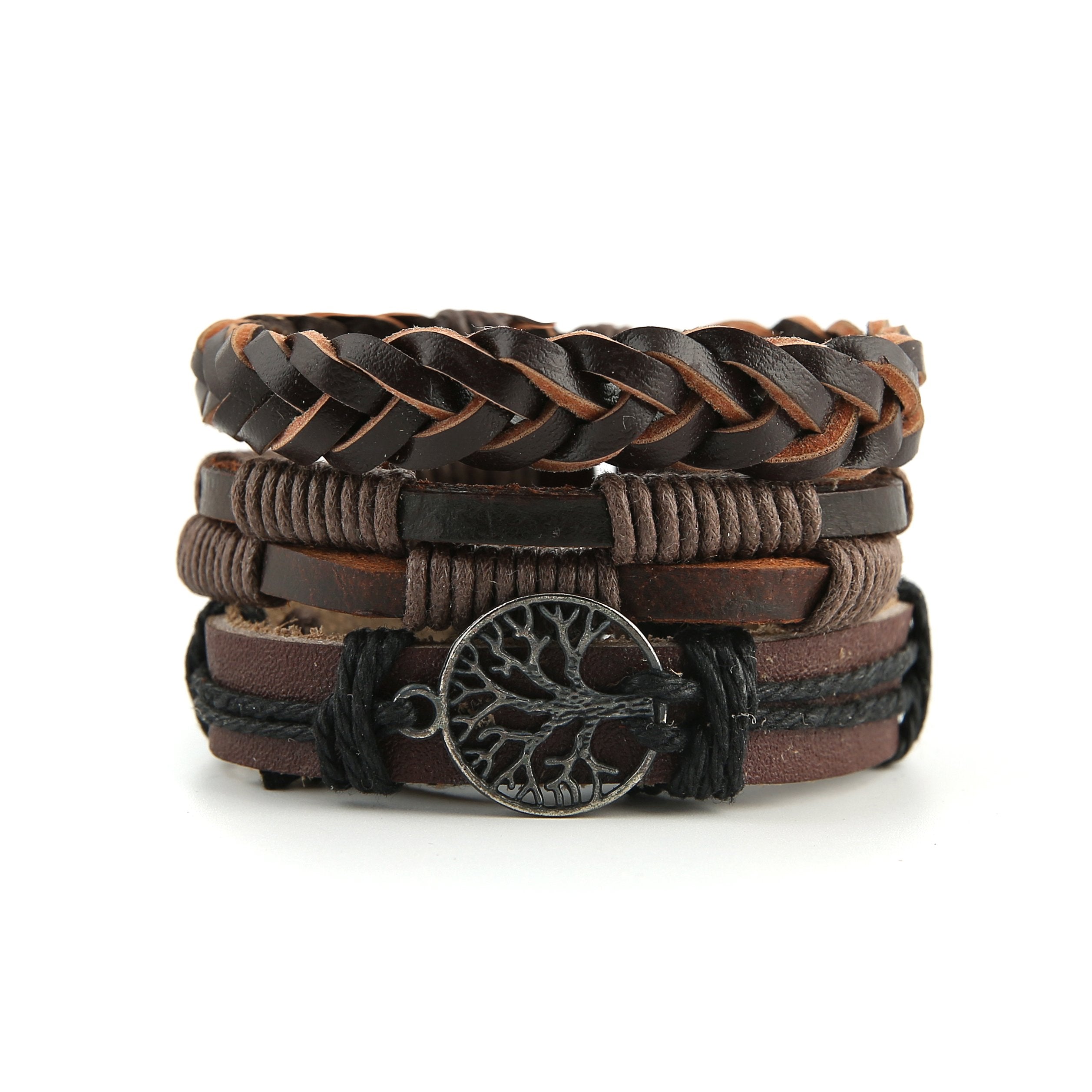 HZMAN Echtes Leder Baum des Lebens Armbänder Männer Frauen, Tigerauge Naturstein Lava Rock Perlen Ethnische Tribal elastische Armbänder Armbänder (2Pcs)