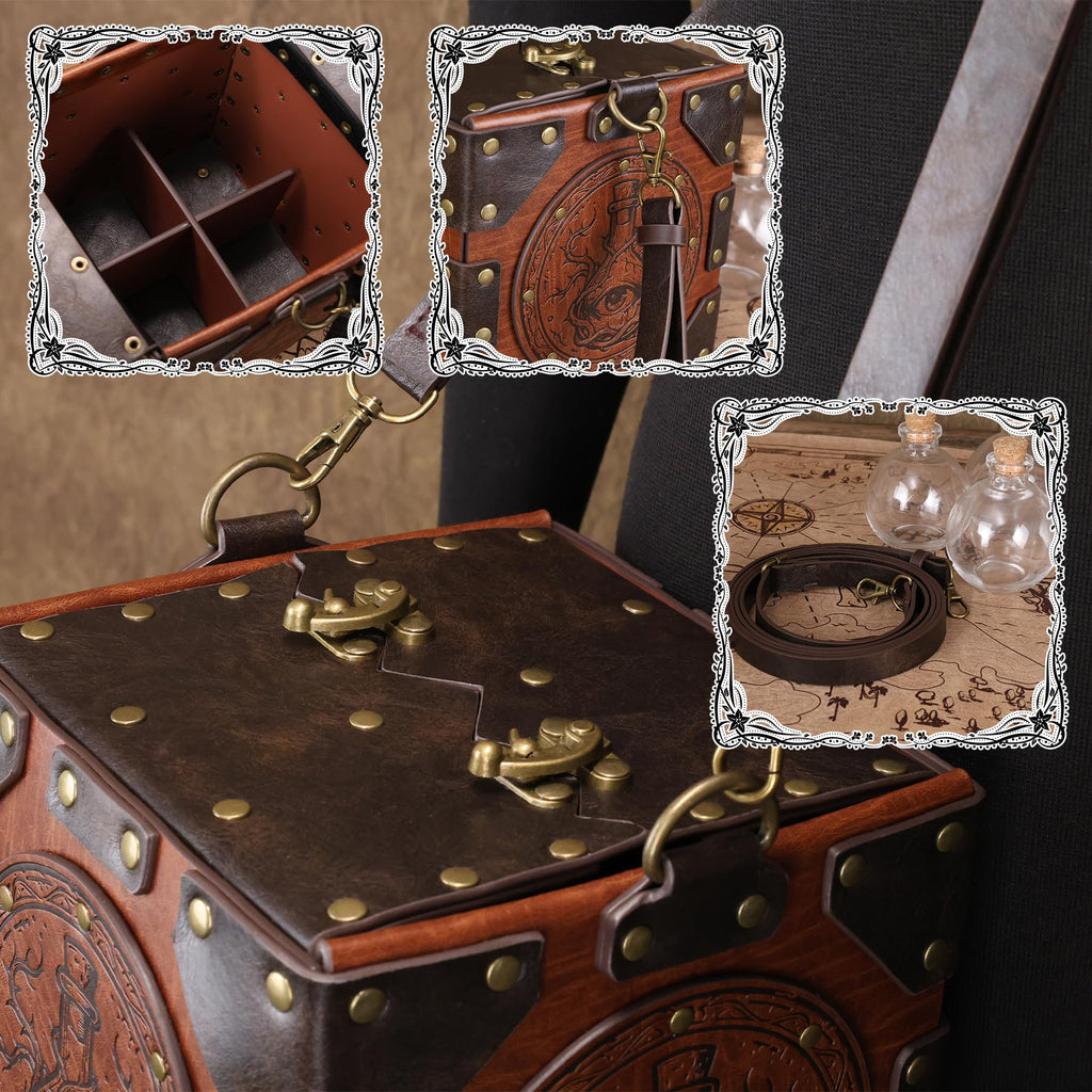 HiiFeuer Mittelalterliche Alchemisten-Umhängetasche, geprägte Leder-Zaubertrankbox mit Nieten und Flaschen, Aufbewahrungsbox für Zauberer für Mittelalterfeste（Schwarz A）