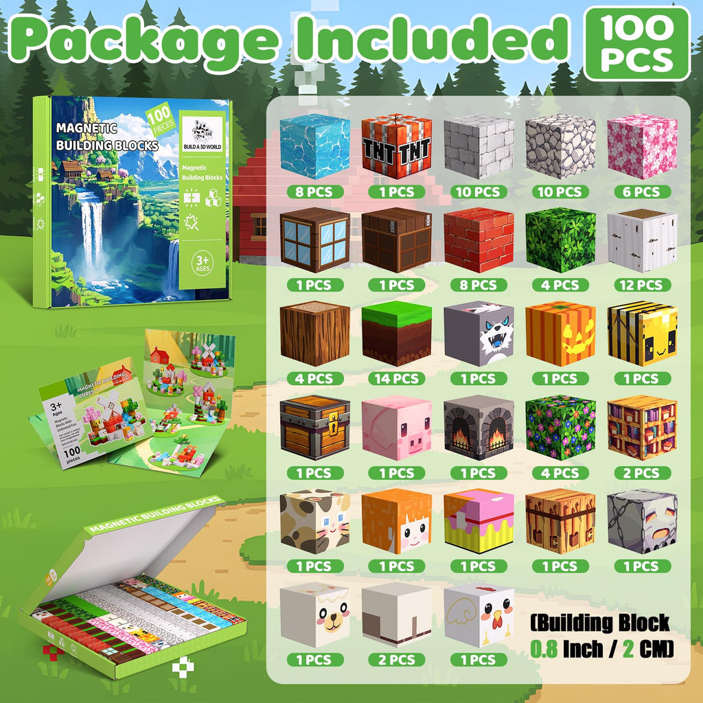 Magnetische Bausteine Bauspielzeug 100 Pcs Magnetbausteine für Kinder Montessori Kreative Spielzeug ab 3 4 5 6 7 8 9 10 Jahre Junge und Mädchen Magnetic Blocks Geschenke für Kinder （Wald）