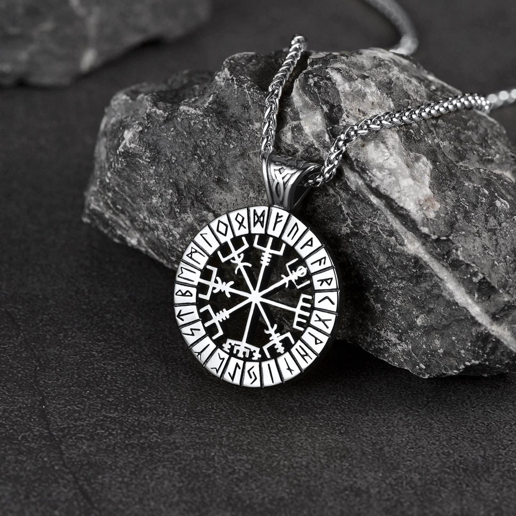 FaithHeart Wikingerhalskette für Herren, Vegvisir-Kompass, Edelstahl, Kette 55 + 5 cm, nordischer Mythologie-Schmuck