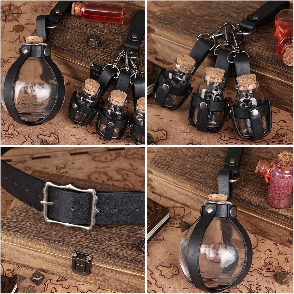 HiiFeuer 3-teiliges Set Mittelalterliche Alchemie Gürtel-Elixierflaschen,Fantasie Verstellbare Glasfläschchen, Hexen & Zauberer Kostüm für Ren Faire