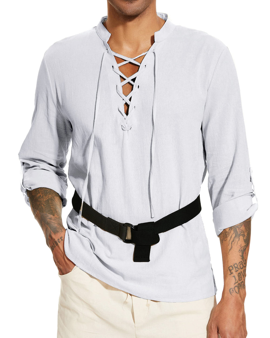 LUYANA Leinenhemd Herren Langarm Freizeithemd Ghillie Kilt Shirt