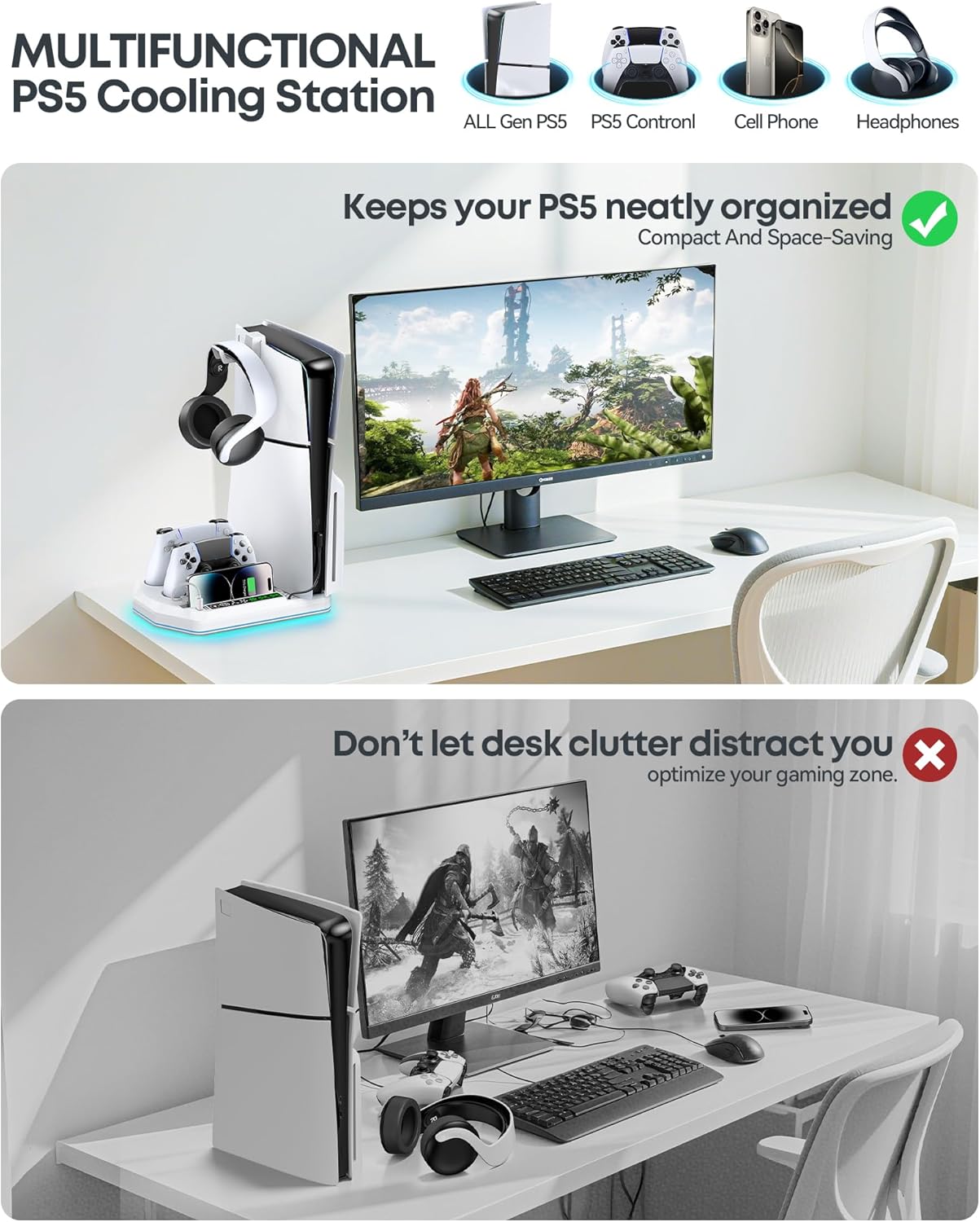 PS5 Ständer für PS5/Slim/Pro Konsole mit Schnelle PS5 Controller Ladestation, PS5 Standfuß Vertikal mit 3 stufiger Lüfter & 9 RGB Licht, PS5 Stand Zubehör PlayStation 4 Zubehörsets
