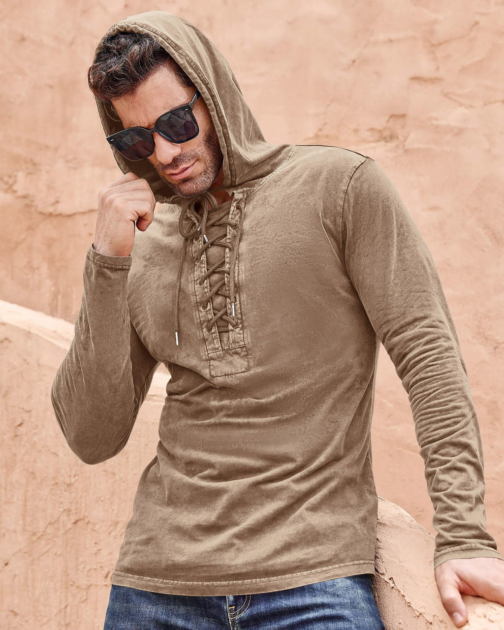 Beotyshow Herren Vintage Hoodie Langarm Shirt Männer Lace Up Hooded Langarmhemd Distressed Casual Outdoor Taktisch Pullover Hemd mit Kapuze