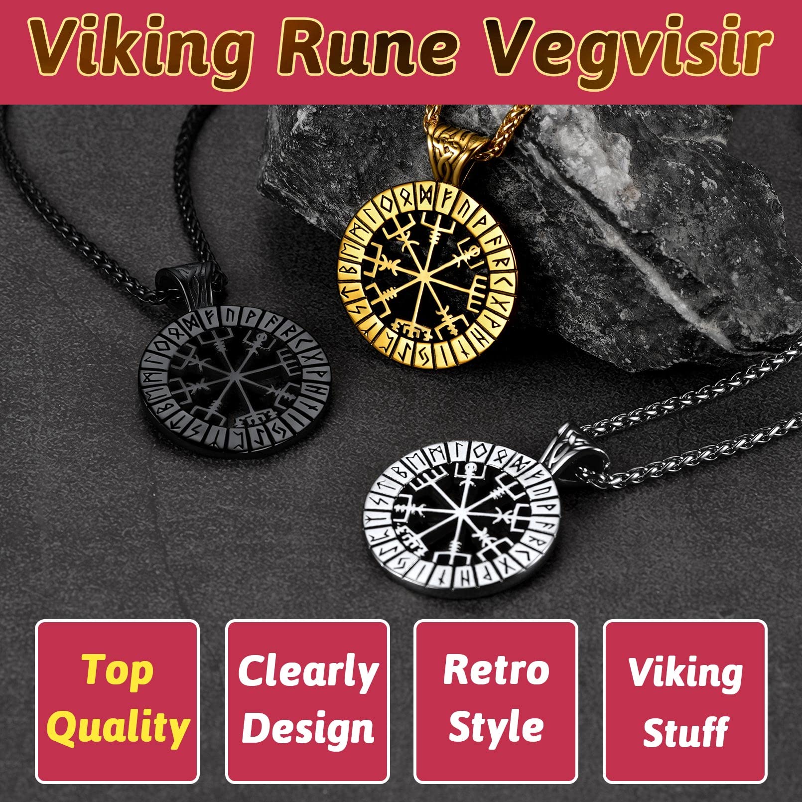 FaithHeart Wikingerhalskette für Herren, Vegvisir-Kompass, Edelstahl, Kette 55 + 5 cm, nordischer Mythologie-Schmuck