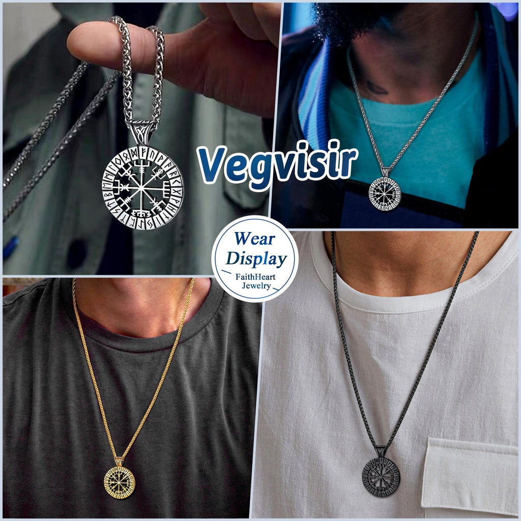 FaithHeart Wikingerhalskette für Herren, Vegvisir-Kompass, Edelstahl, Kette 55 + 5 cm, nordischer Mythologie-Schmuck