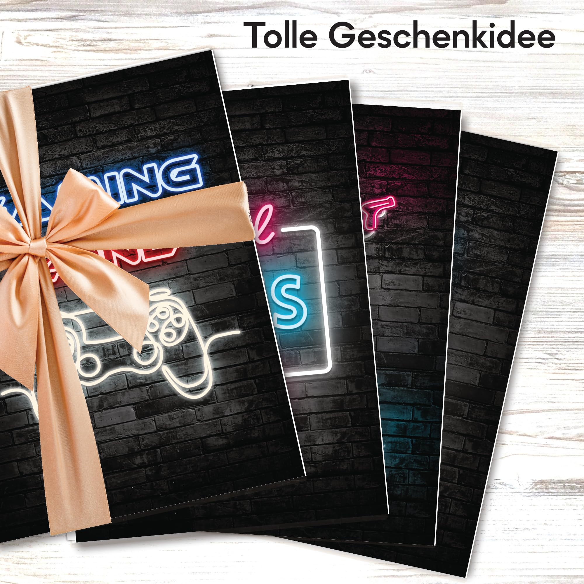 mojoliving Gaming Zimmer Deko Bilder | Poster Wand für Gamer Jugendzimmer | Set mit Neon Sign Motive | Coole Geschenke für Gamer | Zocker Bilder Wand | Neon Wandbild