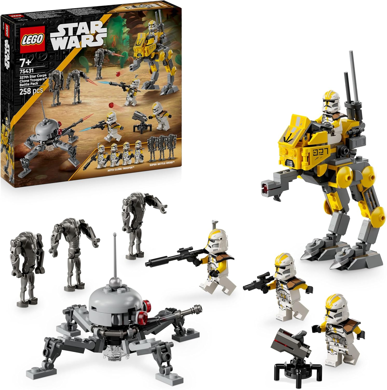 LEGO Star Wars Klonsoldaten des 327. Sternenkorps Battle Pack - Spielzeug für Kinder ab 7 Jahren - Minifiguren zum Bauen und Sammeln - Kreatives Geschenk für Jungen und Mädchen - 75431 | 258 Stück Sammlerspielzeug, 4 Minifiguren 3 Battle Droid Figuren & A