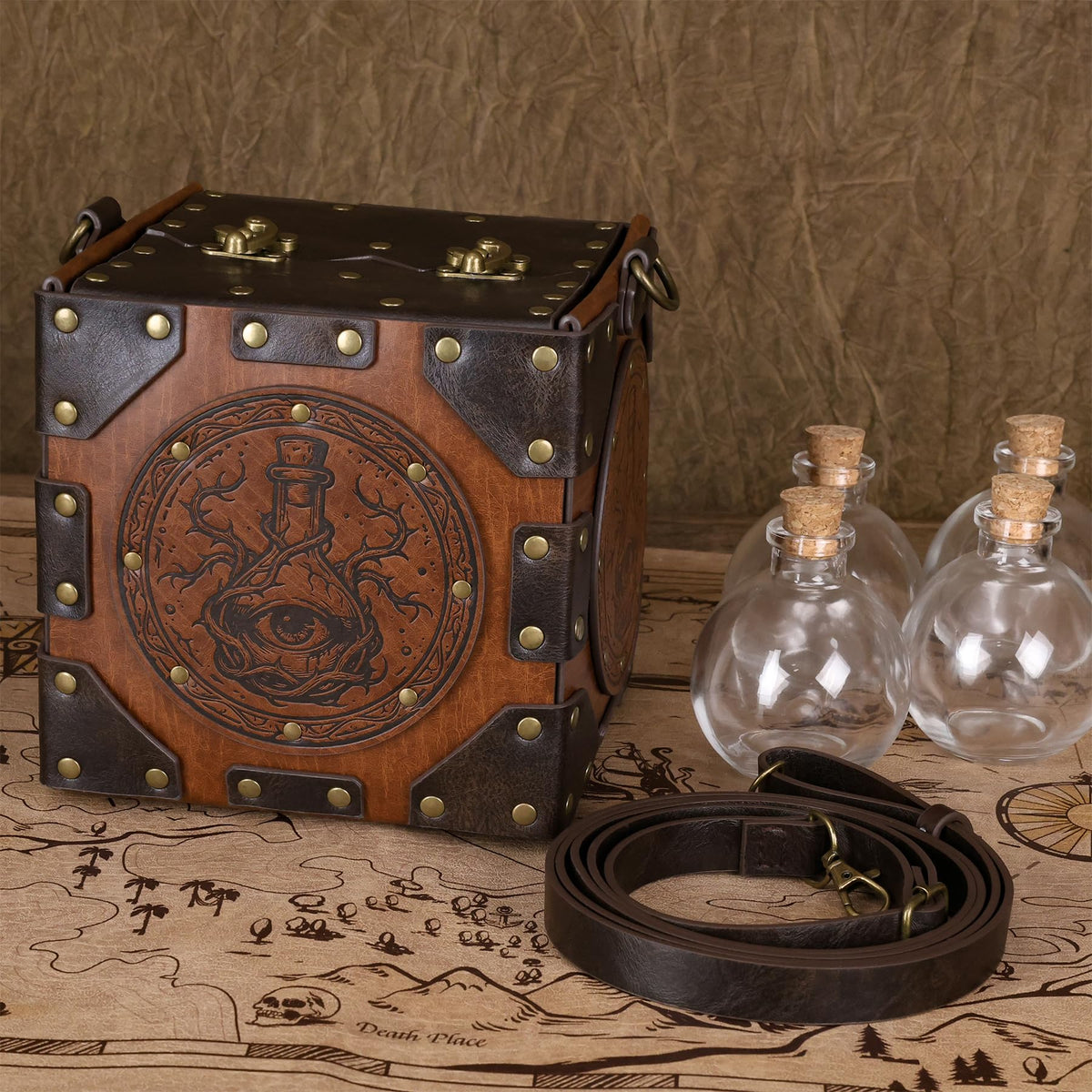 HiiFeuer Mittelalterliche Alchemisten-Umhängetasche, geprägte Leder-Zaubertrankbox mit Nieten und Flaschen, Aufbewahrungsbox für Zauberer für Mittelalterfeste（Schwarz A）