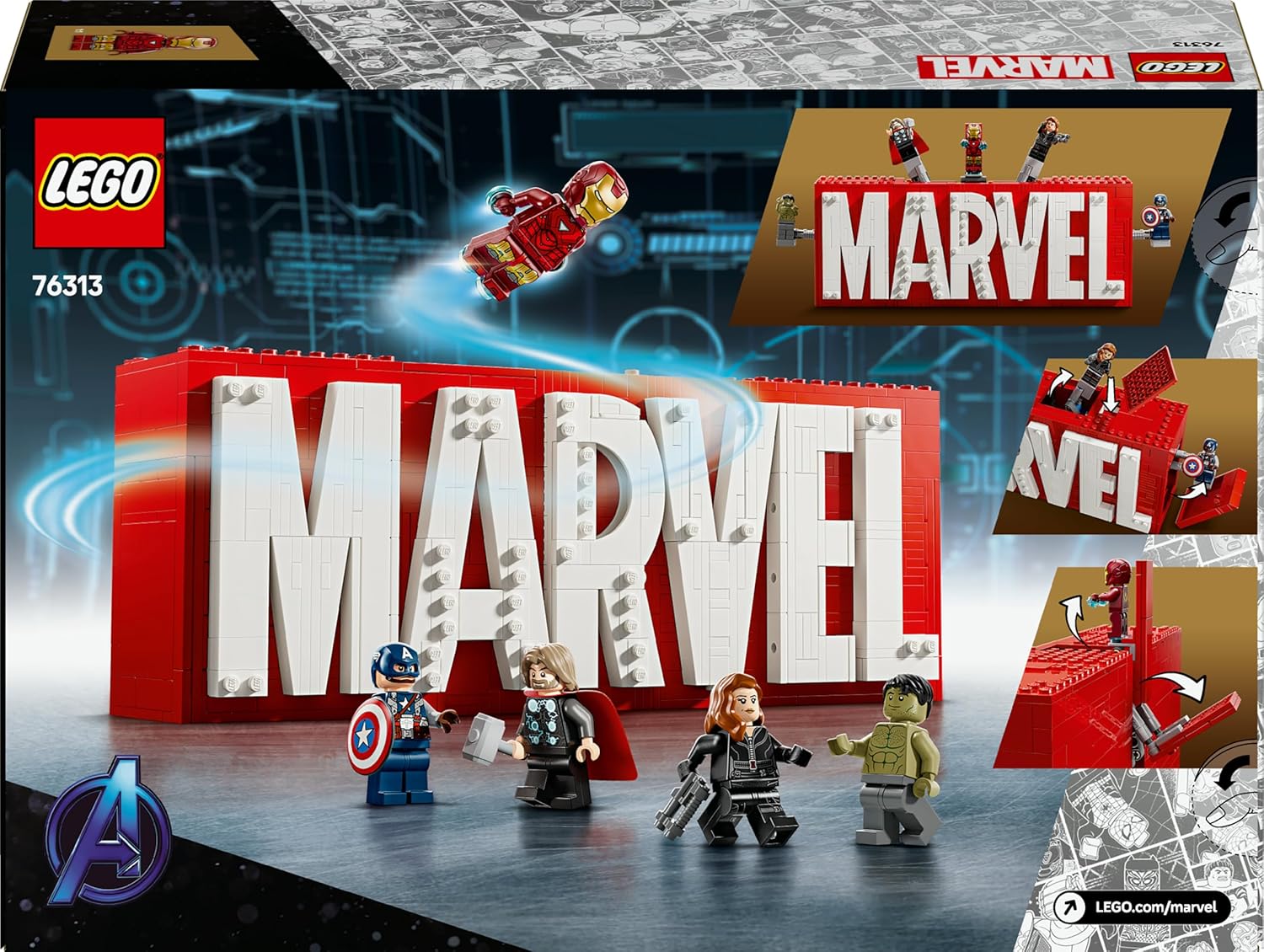 LEGO | Marvel: MARVEL Logo & Minifiguren - Sammlerstück inkl. Hulk, Thor, Iron Man, Black Widow und Captain America - Bauset mit Avengers Figuren - Geschenk für Jungen und Mädchen ab 12 Jahren - 76313