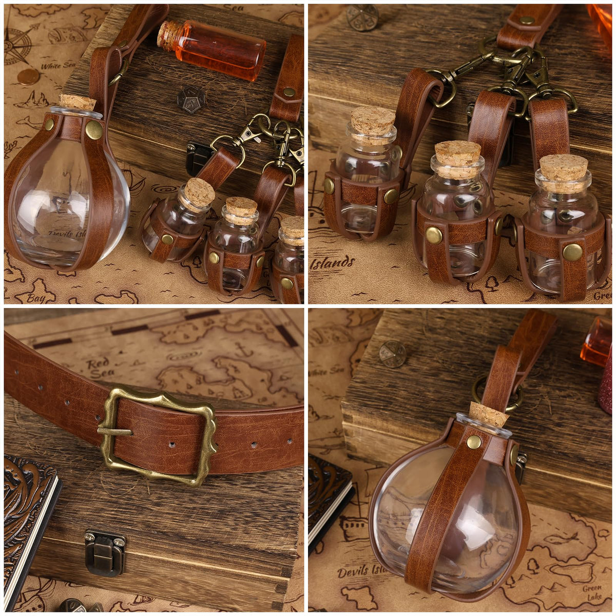 HiiFeuer 3-teiliges Set Mittelalterliche Alchemie Gürtel-Elixierflaschen,Fantasie Verstellbare Glasfläschchen, Hexen & Zauberer Kostüm für Ren Faire