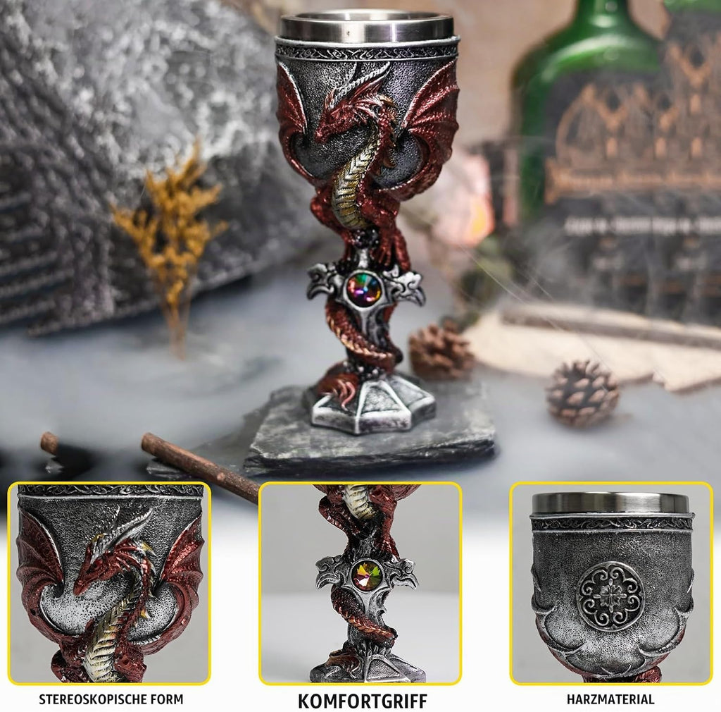 ZONSUSE Mittelalter Drache Kelch, Gotischer Drachen Kelch, Flugsaurier Edelstahl Weinkelch, Roter Drache auf Kreuzsockel, Magischer Dragon Goblet,Idee Geschenk für Fantasy Fans 200ml (Rot Goblet)