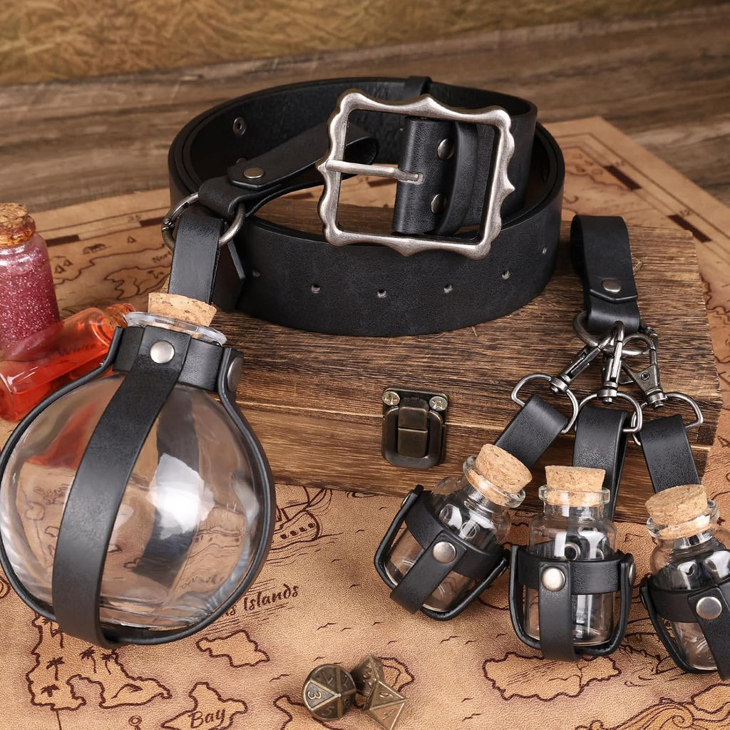 HiiFeuer 3-teiliges Set Mittelalterliche Alchemie Gürtel-Elixierflaschen,Fantasie Verstellbare Glasfläschchen, Hexen & Zauberer Kostüm für Ren Faire