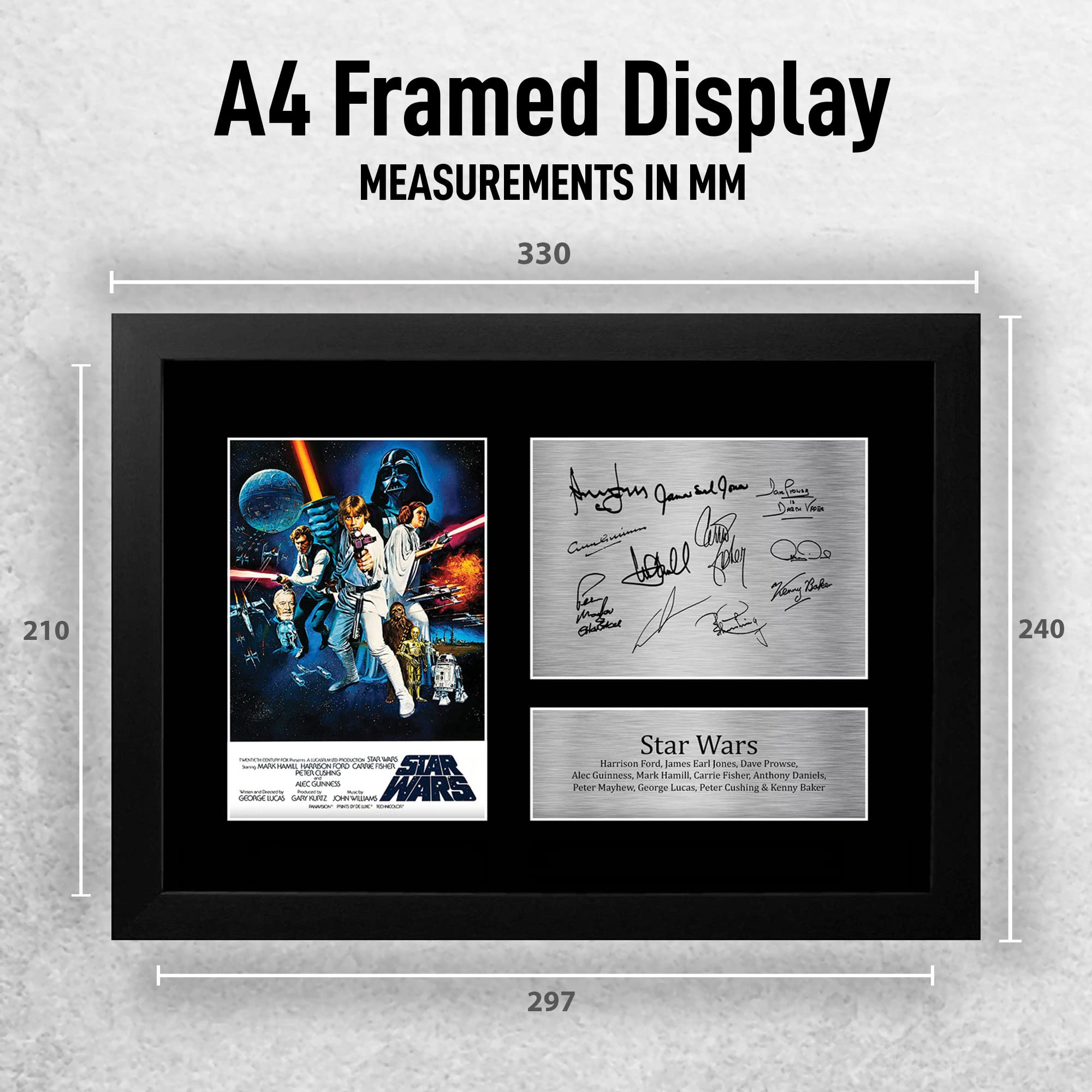 HWC Trading FR A4 Star Wars New Hope Cast Mark Hamill, Carrie Fisher, Harrison Ford Geschenke Geducktes Signiertes Autogramm Foto für Fans von Film Memorabilien - A4 Gerahmt