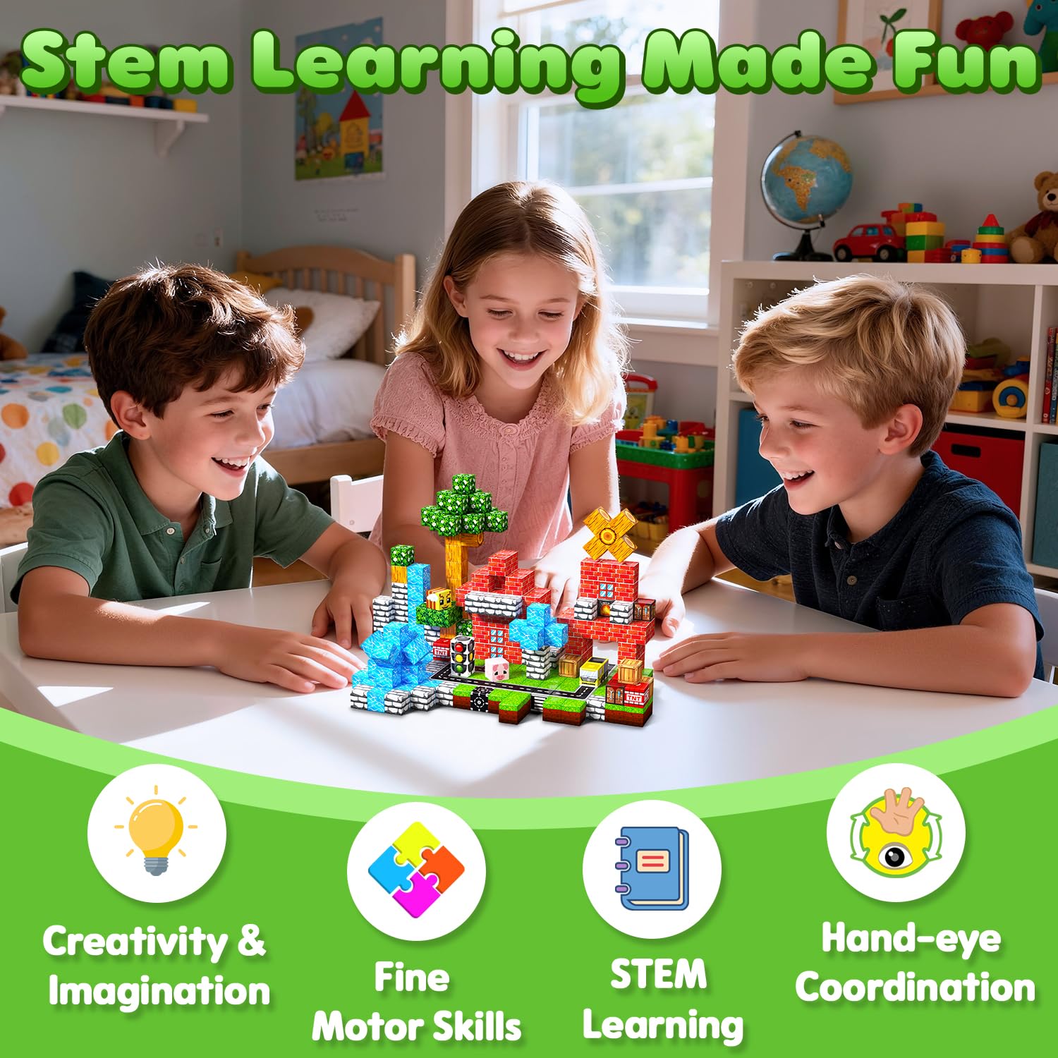 Magnetische Bausteine Bauspielzeug 100 Pcs Magnetbausteine für Kinder Montessori Kreative Spielzeug ab 3 4 5 6 7 8 9 10 Jahre Junge und Mädchen Magnetic Blocks Geschenke für Kinder （Wald）