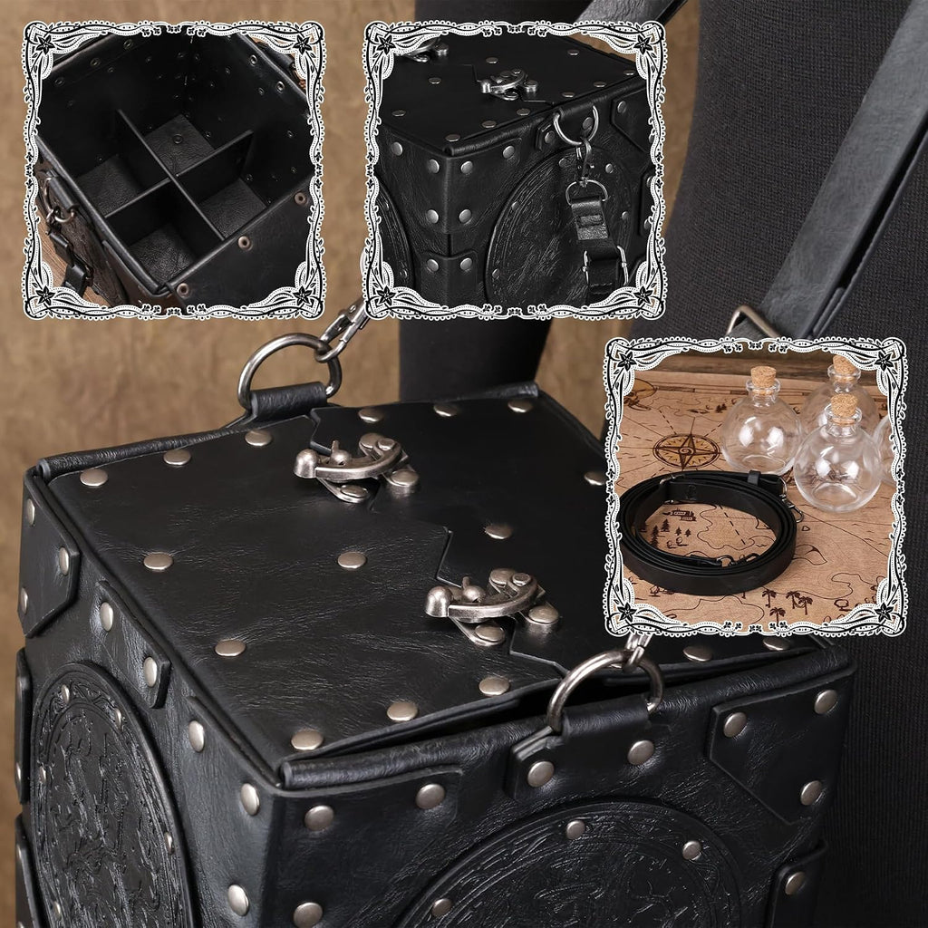 HiiFeuer Mittelalterliche Alchemisten-Umhängetasche, geprägte Leder-Zaubertrankbox mit Nieten und Flaschen, Aufbewahrungsbox für Zauberer für Mittelalterfeste（Schwarz A）