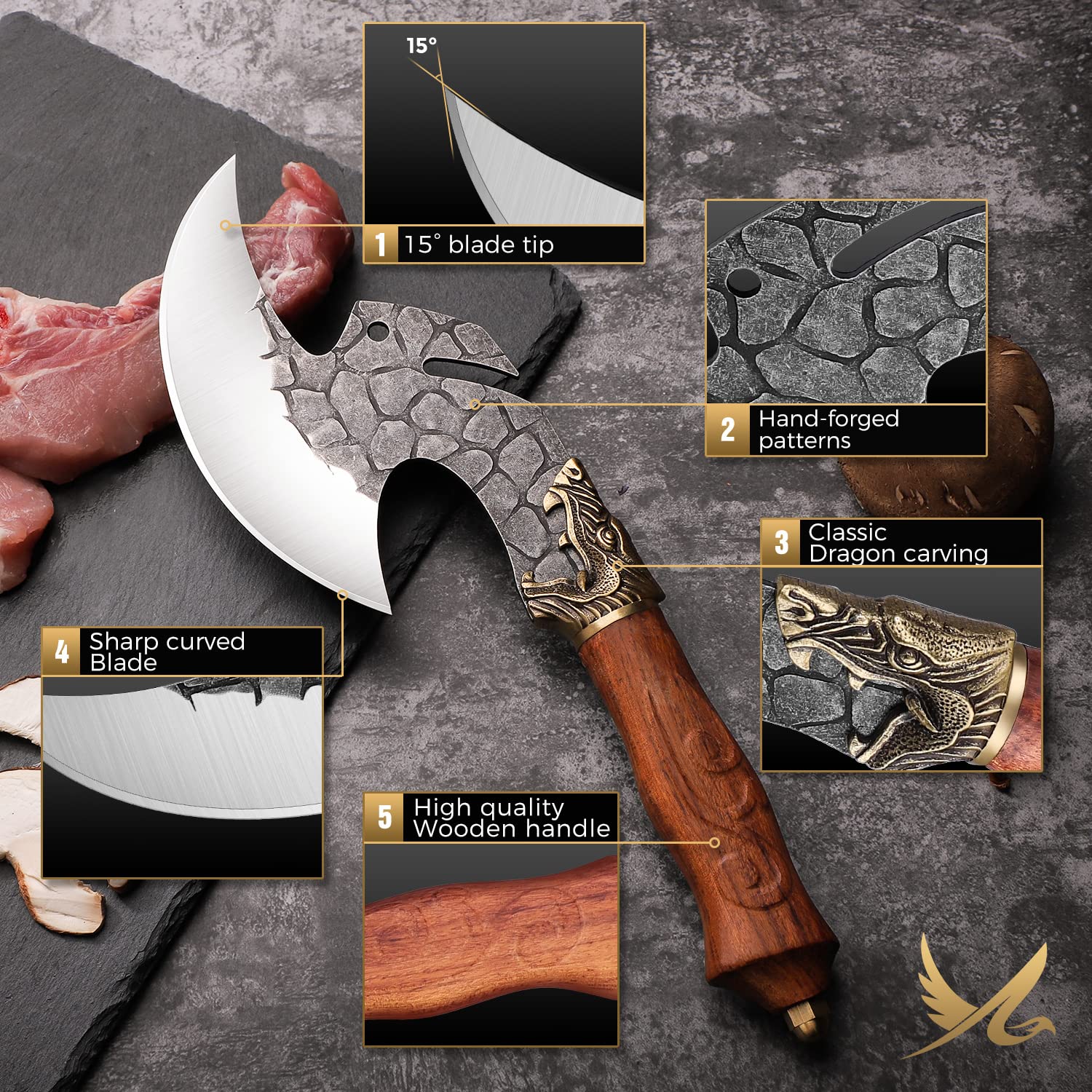 Golden Bird Original Wikinger Messer Axt Scharfes Geburtstag Tranchiermesser Pizzaschneider Ausbeinmesser Handgeschmiedetes Kochmesser Fleischmesser Grillmesser mit PU-Scheide für Camping BBQ Outdoor