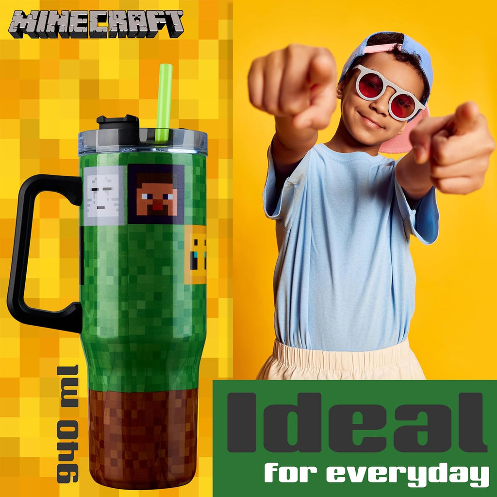 Minecraft Trinkbecher mit Deckel und Strohhalm 940ml, Thermobecher mit Henkel Doppelwandig Isoliert, Hält 17h Kalt, 8h Heiß & 45h Eisgekühlt