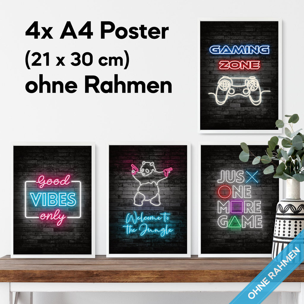 mojoliving Gaming Zimmer Deko Bilder | Poster Wand für Gamer Jugendzimmer | Set mit Neon Sign Motive | Coole Geschenke für Gamer | Zocker Bilder Wand | Neon Wandbild