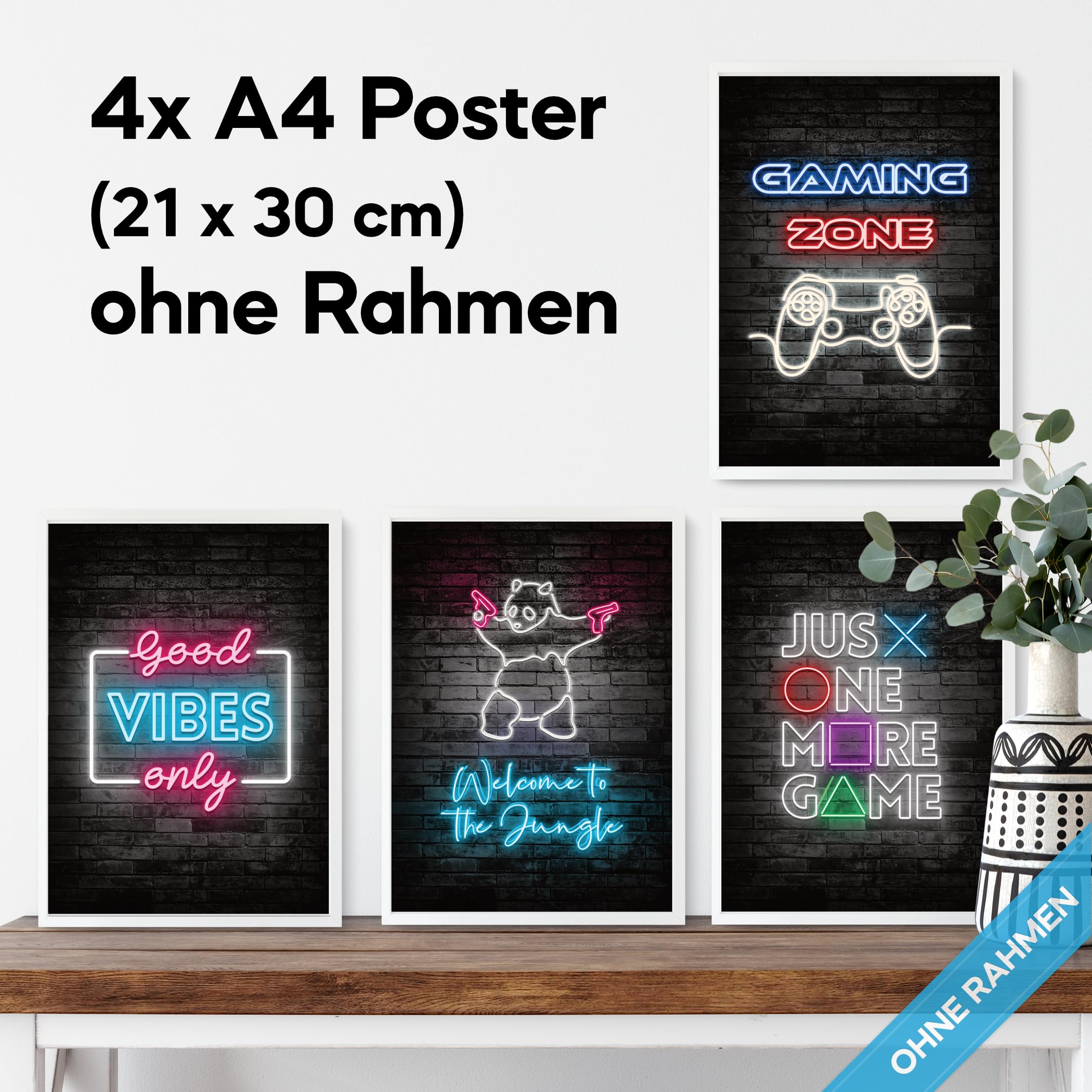 mojoliving Gaming Zimmer Deko Bilder | Poster Wand für Gamer Jugendzimmer | Set mit Neon Sign Motive | Coole Geschenke für Gamer | Zocker Bilder Wand | Neon Wandbild