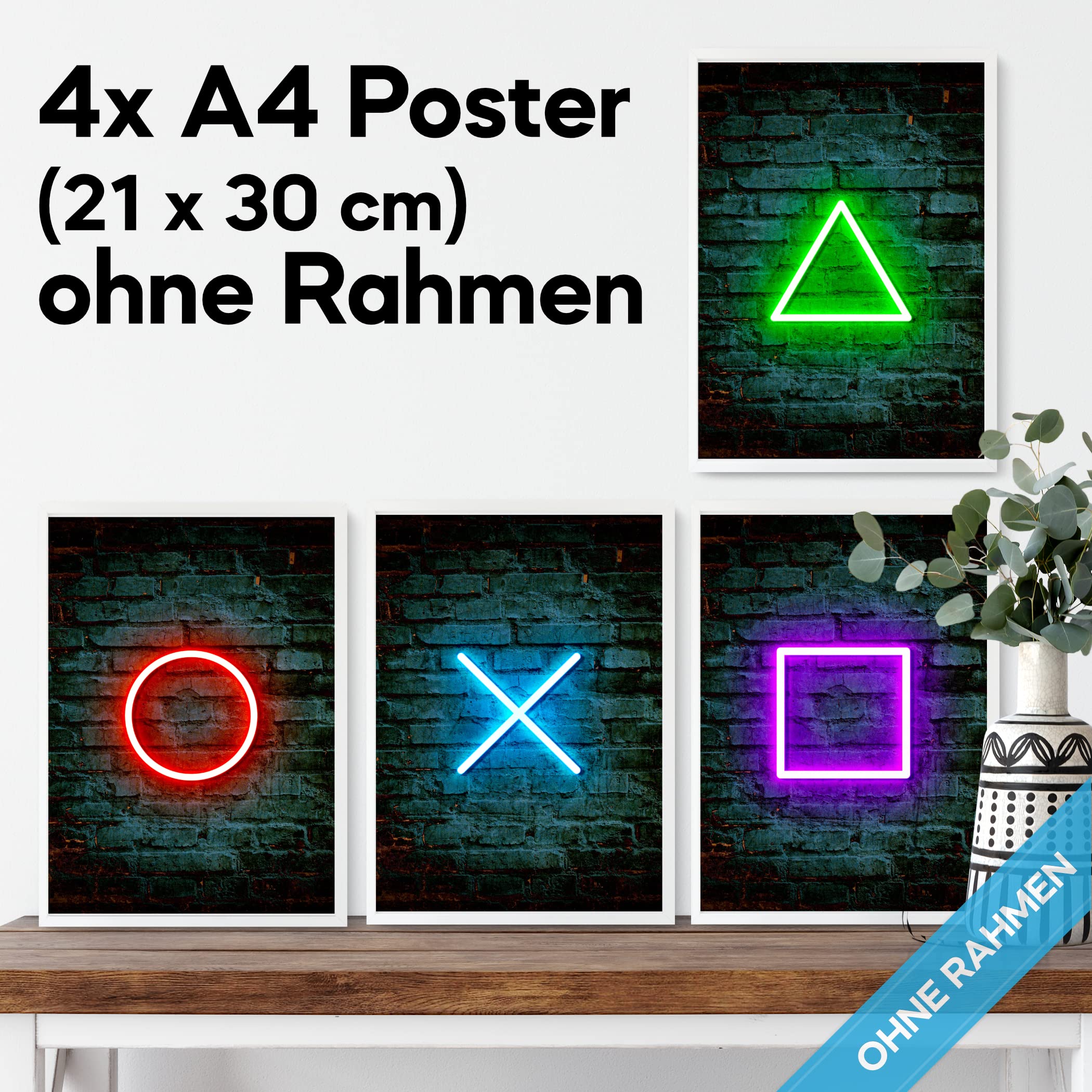 mojoliving Gaming Zimmer Deko Bilder | Poster Wand für Gamer Jugendzimmer | Set mit Neon Sign Motive | Coole Geschenke für Gamer | Zocker Bilder Wand | Neon Wandbild